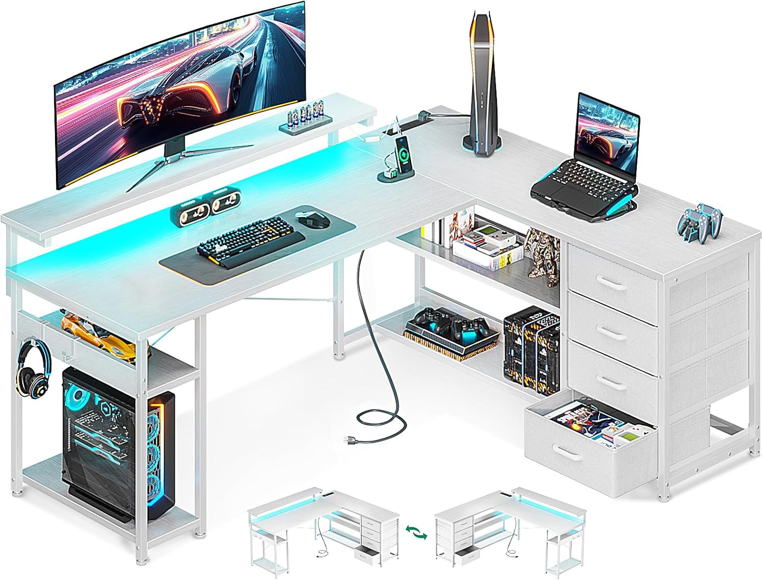 ODK L Shaped Desk with 4 Drawers, Corner Gaming Desk with LED Lights & Power Outlets, Reversible Home Office Computer Desk with Monitor Shelf,135 * 112.1 * 91.2Cm, Black