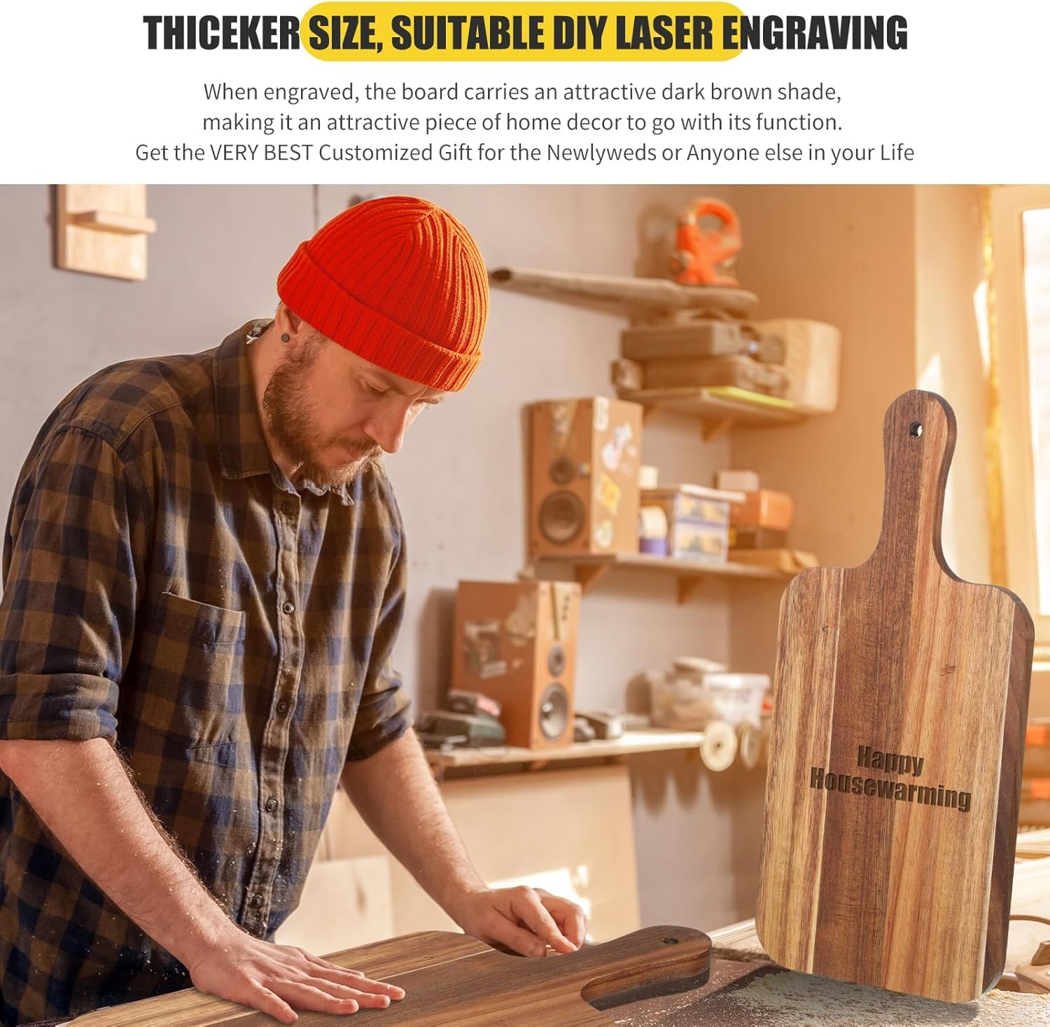 Bierofaro Acacia Wooden Chopping Board with Handle, Wooden Serving Board and Charcuterie Board with Hanging Hole, Cheese Board Decorative Food Platter for Kitchen, 44 * 15.5Cm Wood Design image number 3