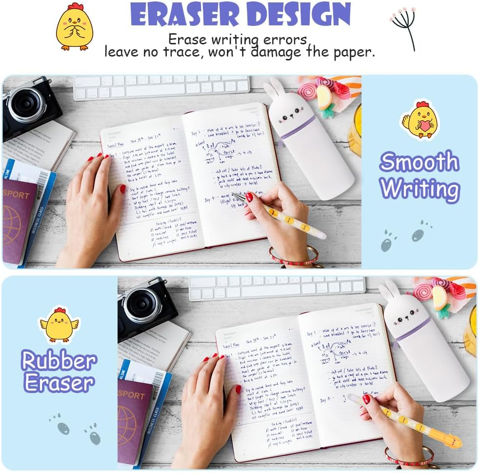 OFFCUP 2 in 1 Soft Silicone Pencil Case, Filled Pencil Case with 4Pcs Erasable Gel Pens, Kawaii Rabbit Zipper Pen Holder, Pen Pouch for Office Home or School Back to School - Chicken image number 2