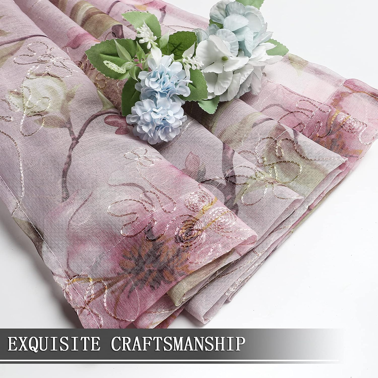 Tollpiz Sheer Curtain Pink Flower Leaf Printed Floral Embroidered Bedroom Curtains Sheer Rod Pocket Voile Faux Linen Short Window Curtain for Living Room, 54 X 45 Inches Long, Set of 2 Panels image number 2