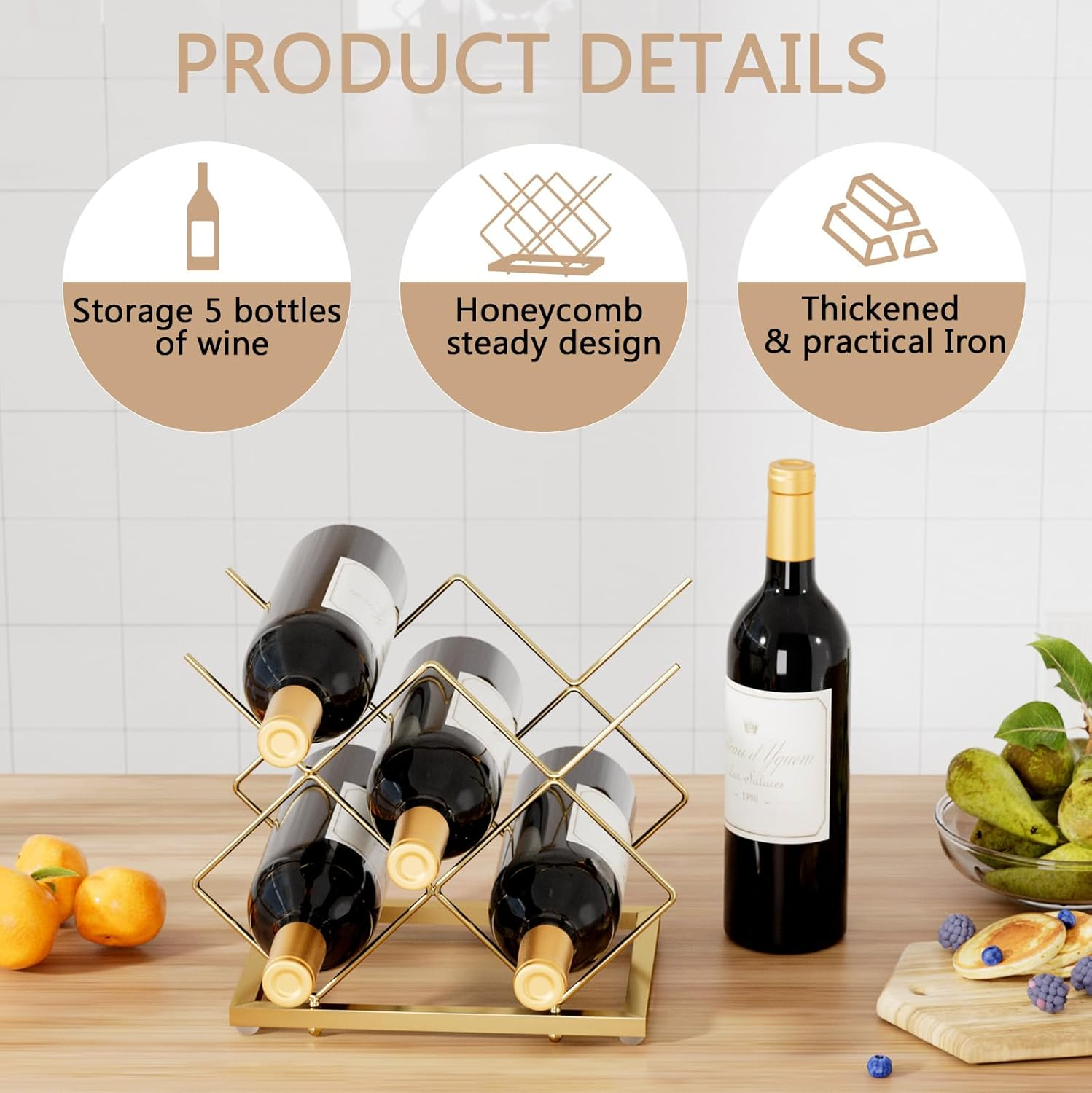 Urban Deco Gold Wine Rack Small Countertop for Cabinets &ndash; 5 Wine Holder Countertop Stylish and Compact Small Wine Racks image number 3