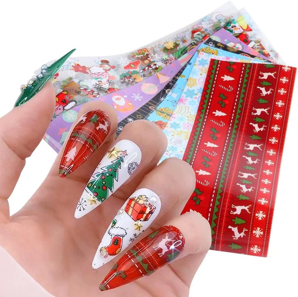 Christmas Nail Stickers Decals Nail Foil Transfer Sticker 10 Sheets Xmas Holiday Decorations Christmas Santa Snowflake Deer Christmas Tree Stickers for Manicure Supplies - Rose,Black image number 6