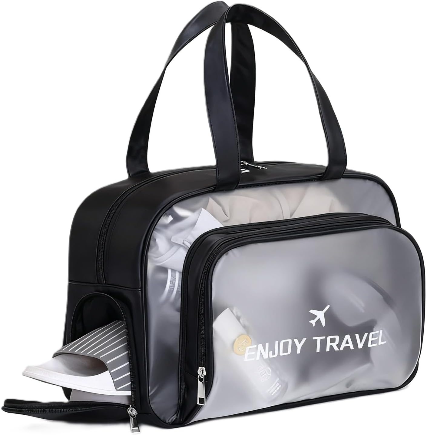 Clear Toiletry Bag - Large Waterproof Transparent Makeup & Wash Bag with Shoe Compartment & Wet Pocket | Travel Organiser for Aussie Holidays, Beach & Gym（Black）