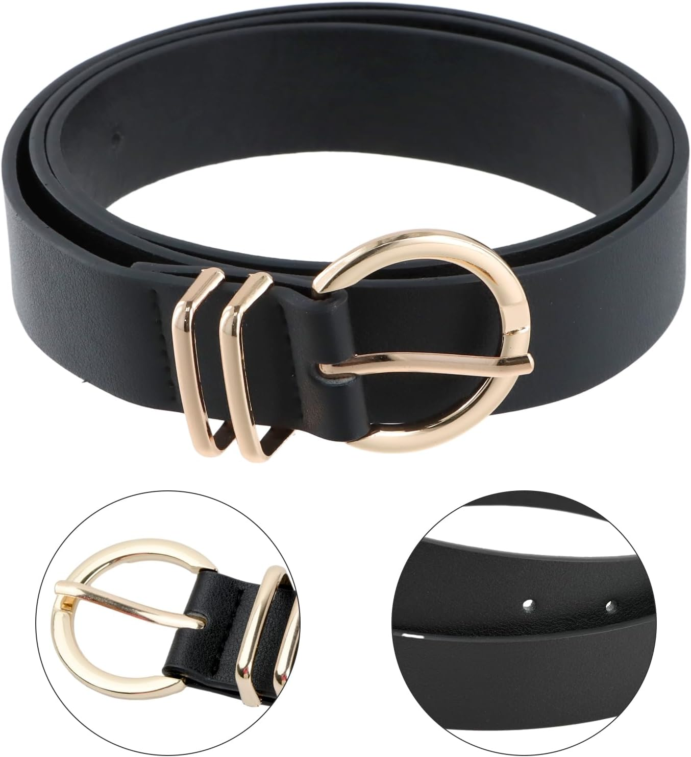 2 Pack Womens Leather Belts, All-Match Belts Fashion Belts, with Gold round Metal Buckle, Belts for Jeans Pants (Black +Brown) image number 5