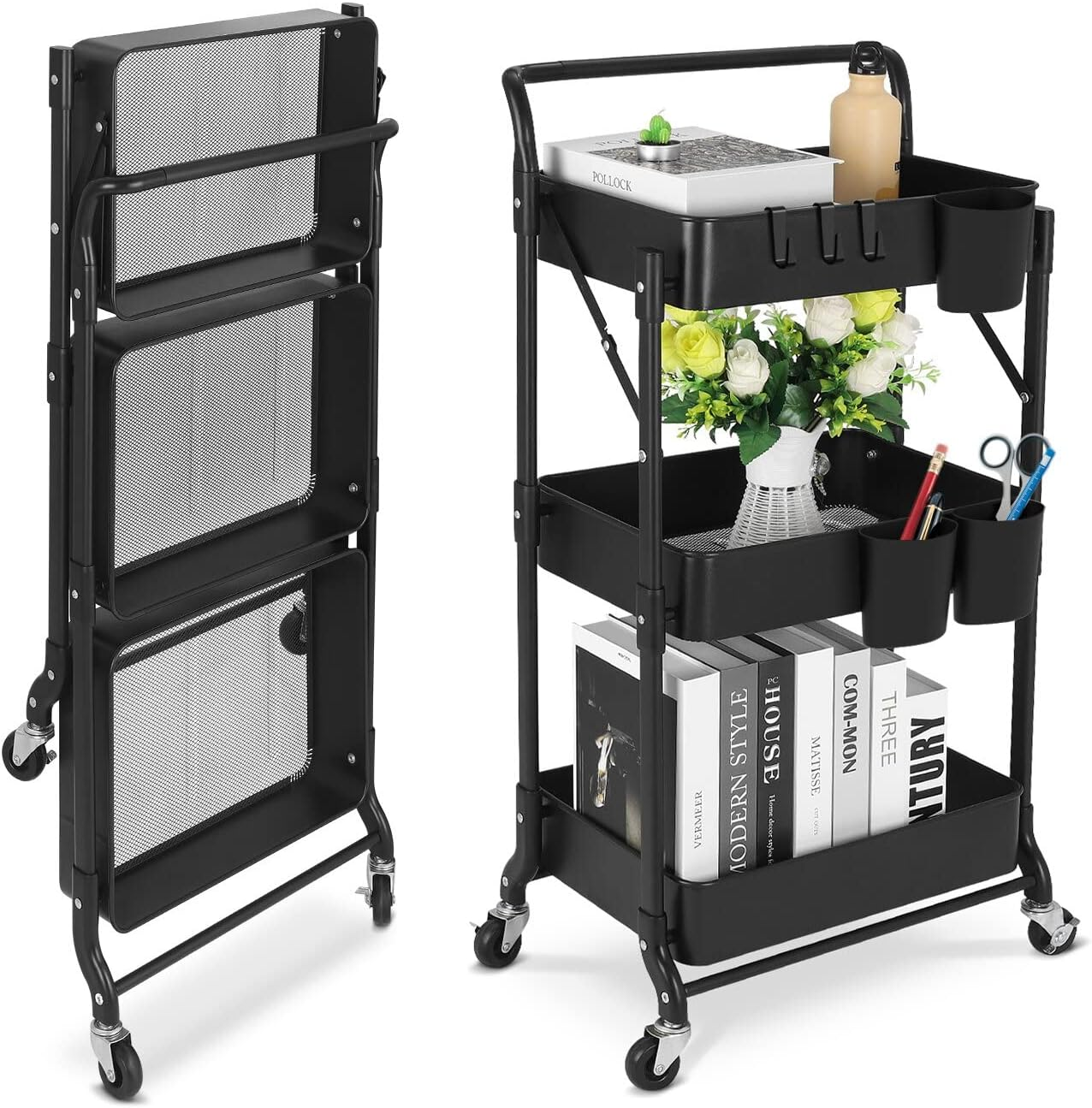 Johgee Foldable 3 Tier Metal Utility Rolling Cart, Folding Mobile Multi-Function Storage Trolley Organizer Cart for Home Library Office(White)