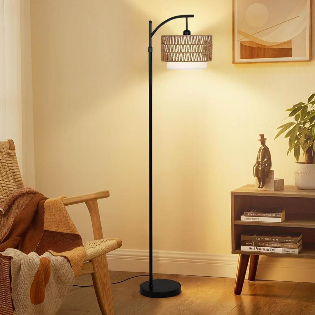 Clora Floor Lamp Standing Lamp 3 Color Temperatures Farmhouse Floor Lamps with Remote Dimmable Bulb Rattan & Fabric Shades Adjustable Tall Lamp for Bedroom Office image number 4