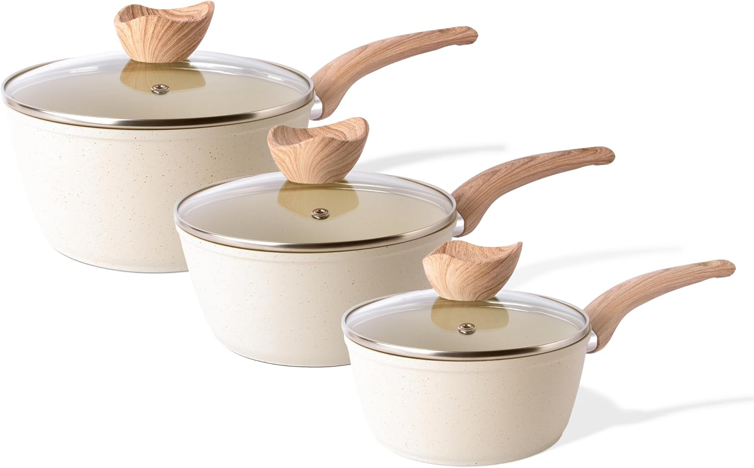 Non Stick Saucepan Set &ndash; Induction Saucepan with Lid &ndash; 3Pcs Cream Granite Sauce Pan &ndash; 16Cm, 18Cm, 20Cm Saucepot Set &ndash; by Nuovva image number 2