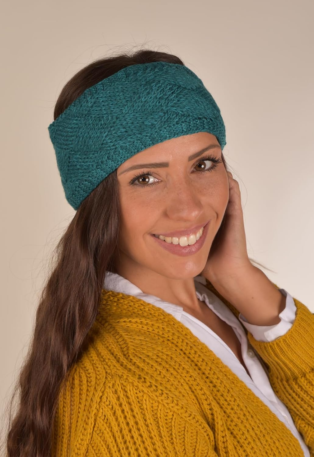 Stylebreaker 04026062 Women'S Knitted Headband Plain with Diamond Pattern, Thermal Fleece Lining, Winter Headband Plain Cream/White - Beige image number 4