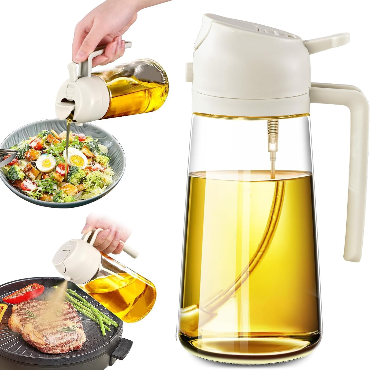 Mumoo Bear 16Oz/470Ml Olive Oil Dispenser - 2 in 1 Olive Oil Spray Bottle for Cooking, Kitchen Tools, Air Fryer, Salad, and BBQ - White