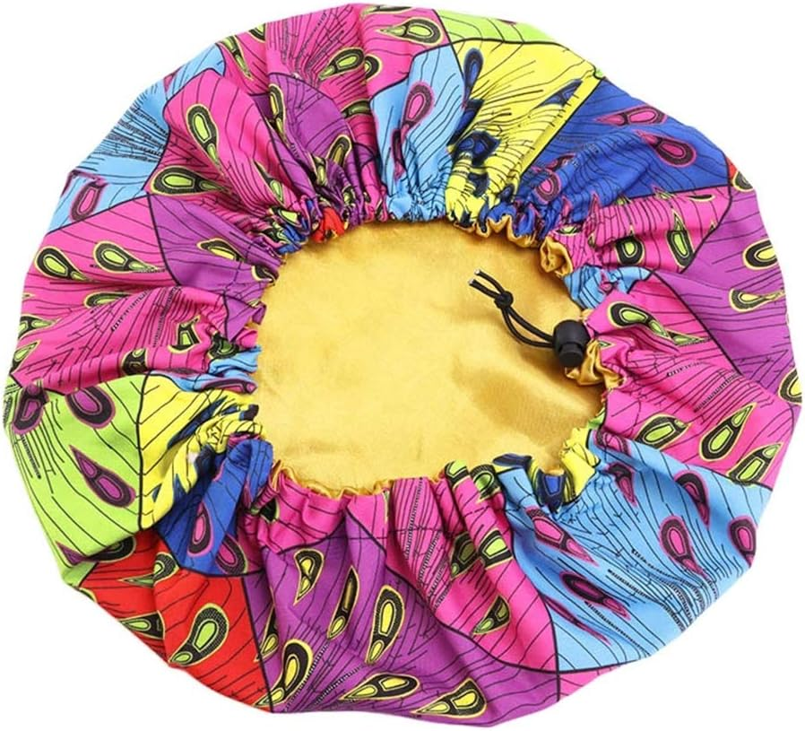COMVIP 1Pc Adult Satin Bonnet Elastic Band Night Head Cover Sleep Cap B: Peacock