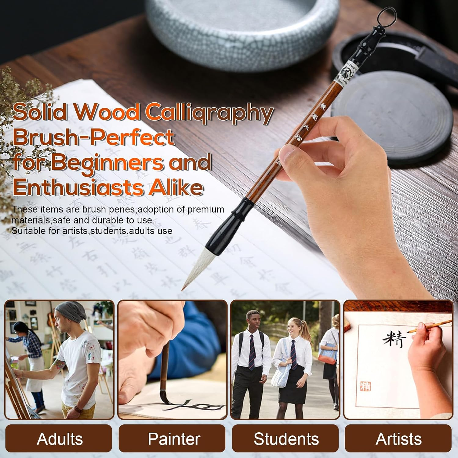 Zvorgath 9 Pack Chinese Calligraphy Writing Brush - Painting Drawing Professional Chinese Kanji Art Ink Brush for Calligraphy Enthusiast (Light Brown)