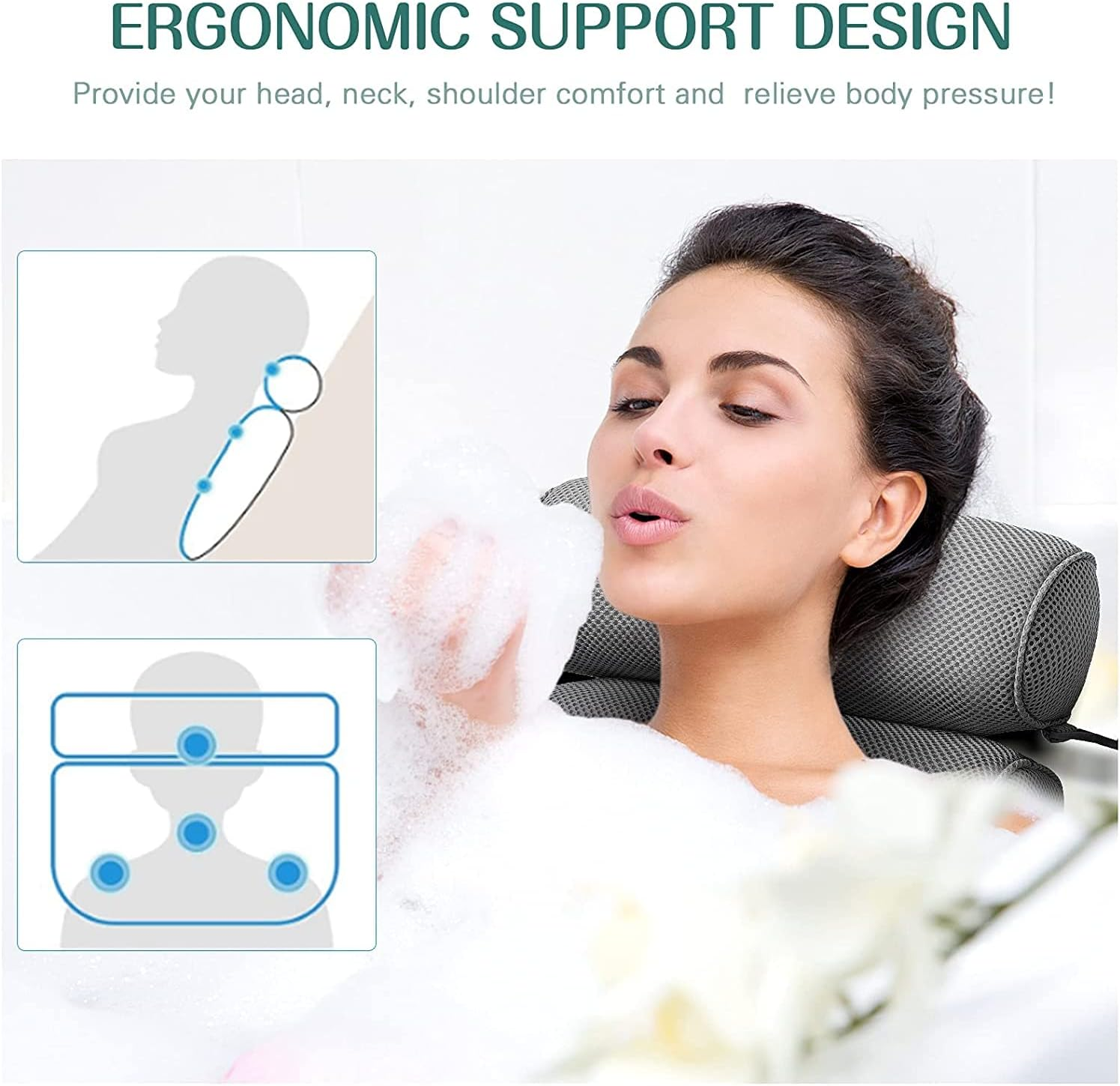 Bath Pillow, Bathtub Pillow for Tub Neck and Back Support with 6 Non-Slip Suction Cups, Ergonomic Bath Tub Pillow Headrest, Luxury Bath Accessory Spa Gifts for Bathtub, Hot Tub (Pink)