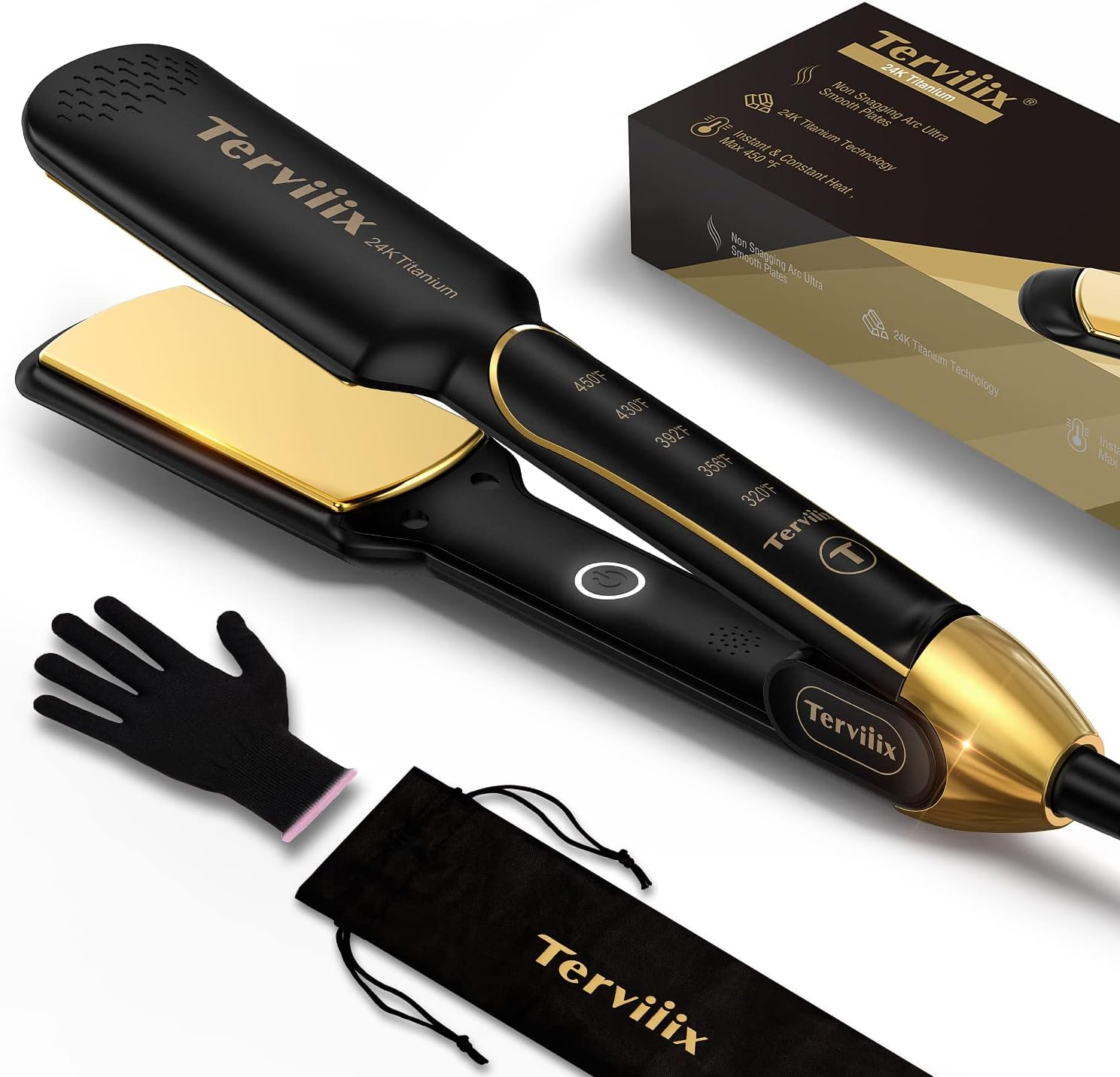 Terviiix Titanium Flat Iron Hair Straightener - ARC Non-Snagging for Smooth, One-Swipe Results, Salon-Grade Wide 1-3/4 Inch Straightening Iron Saves Time on Thick, Curly, Black & Natural Hair, Gold image number 5