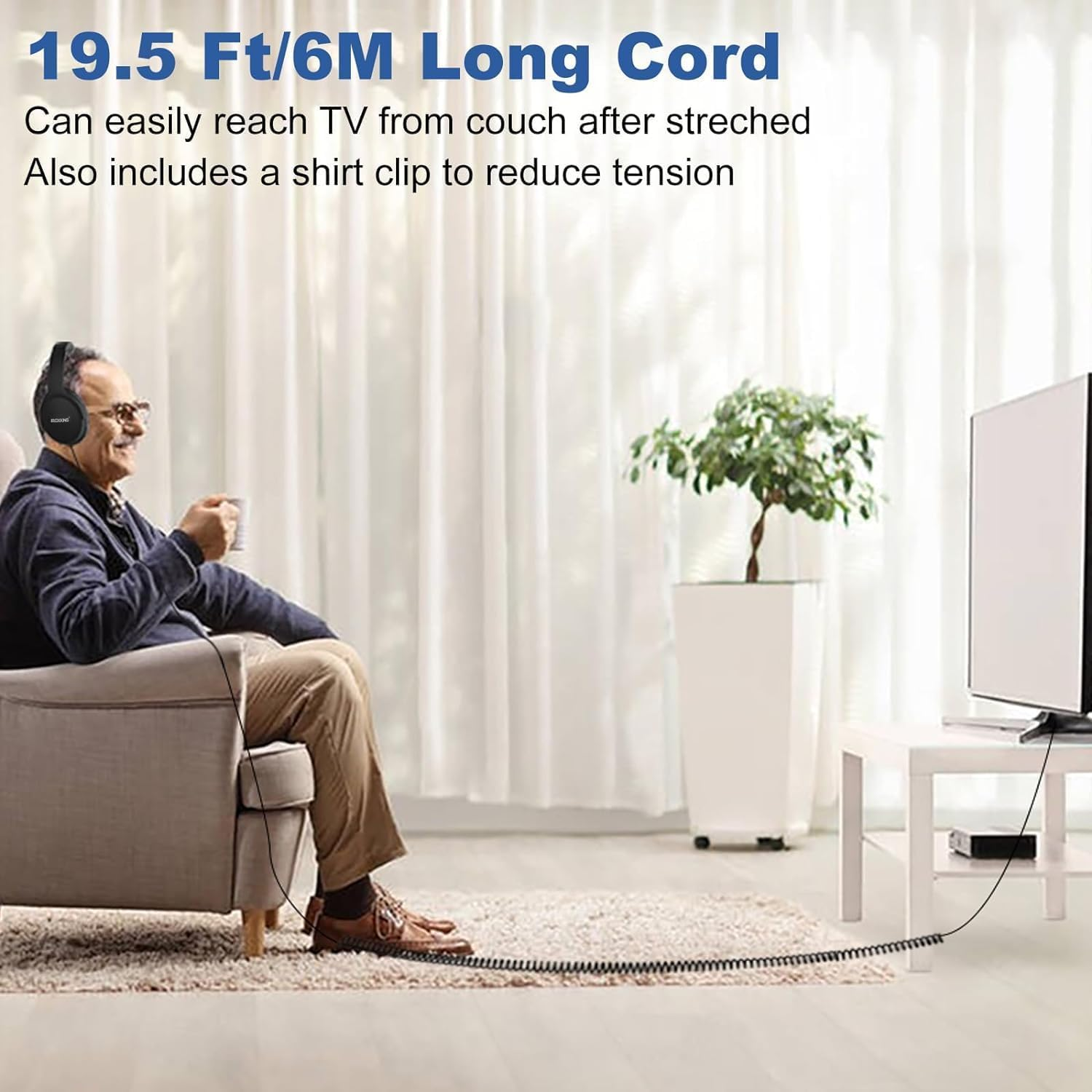 19.5Ft / 6M Extra Long Cord Headphones for TV PC with Volume Control, Spring Coiled Cable, 3.5Mm AUX, Wired over Ear Earphones for Seniors Hard of Hearing, Large Comfortable Computer Headset image number 6