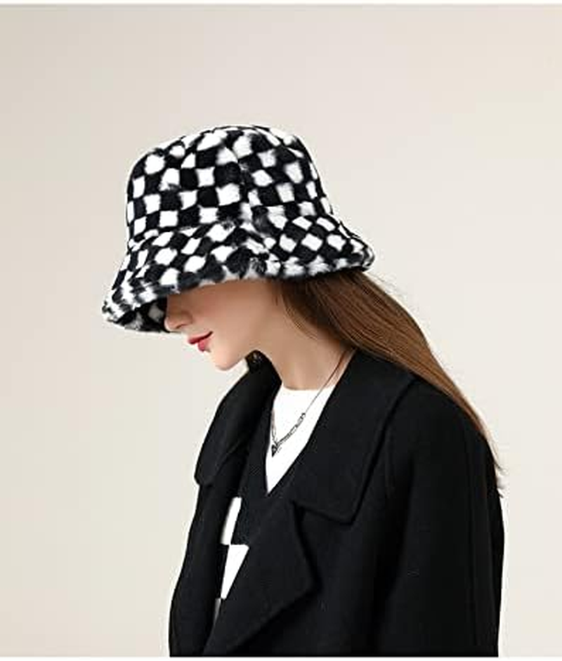 Checkered Fuzzy Bucket Hat &ndash; Winter Faux Fur Unisex Hat with Fluffy Soft Lining &ndash; Windproof Warm Bucket Hat for Men & Women &ndash; Black & White Plaid Design - Chess Black Pink image number 6