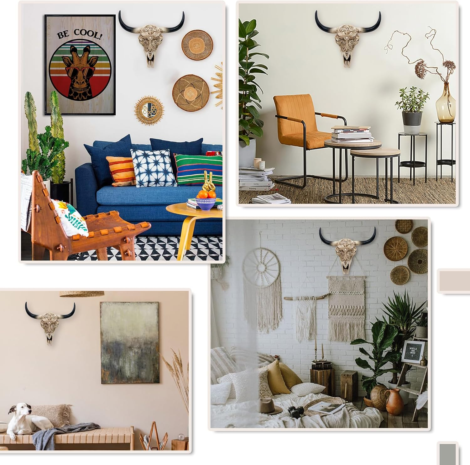 Western Cow Skull Wall-Decor - 12.2&rdquo;Long Realistic Animal Head Wall Hanging Art Boho Cross Steer Bison Buffalo Bull Cow Horned Skull Home Wall Decor image number 5