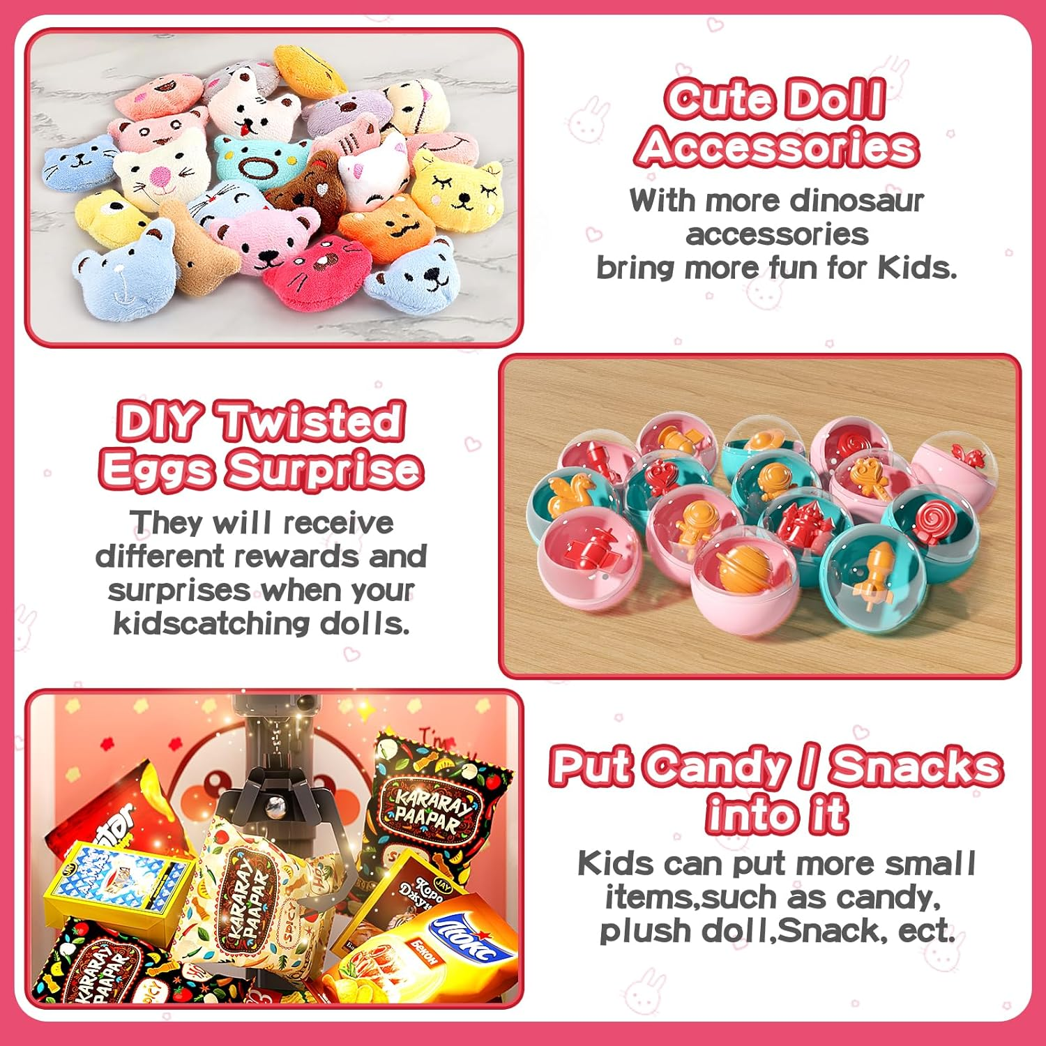 Kids Claw Machine, Mini Candy Vending Grabber, Prize Dispenser Toys for Girls and Boys, Electronic Claw Game Machine for Party Birthdays with Lights Sound, Includes 20 Plush and 10 Mini Toys image number 2