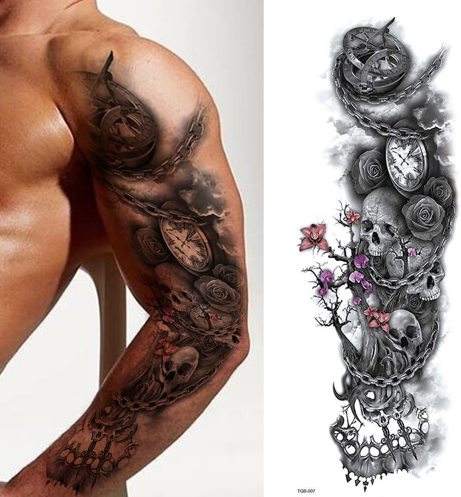 Temporary Tattoo Sticker Skull Crossbones Flower Fake Tattoo Body Abstract for Men Women for Boys Girls Couple Lover image number 5