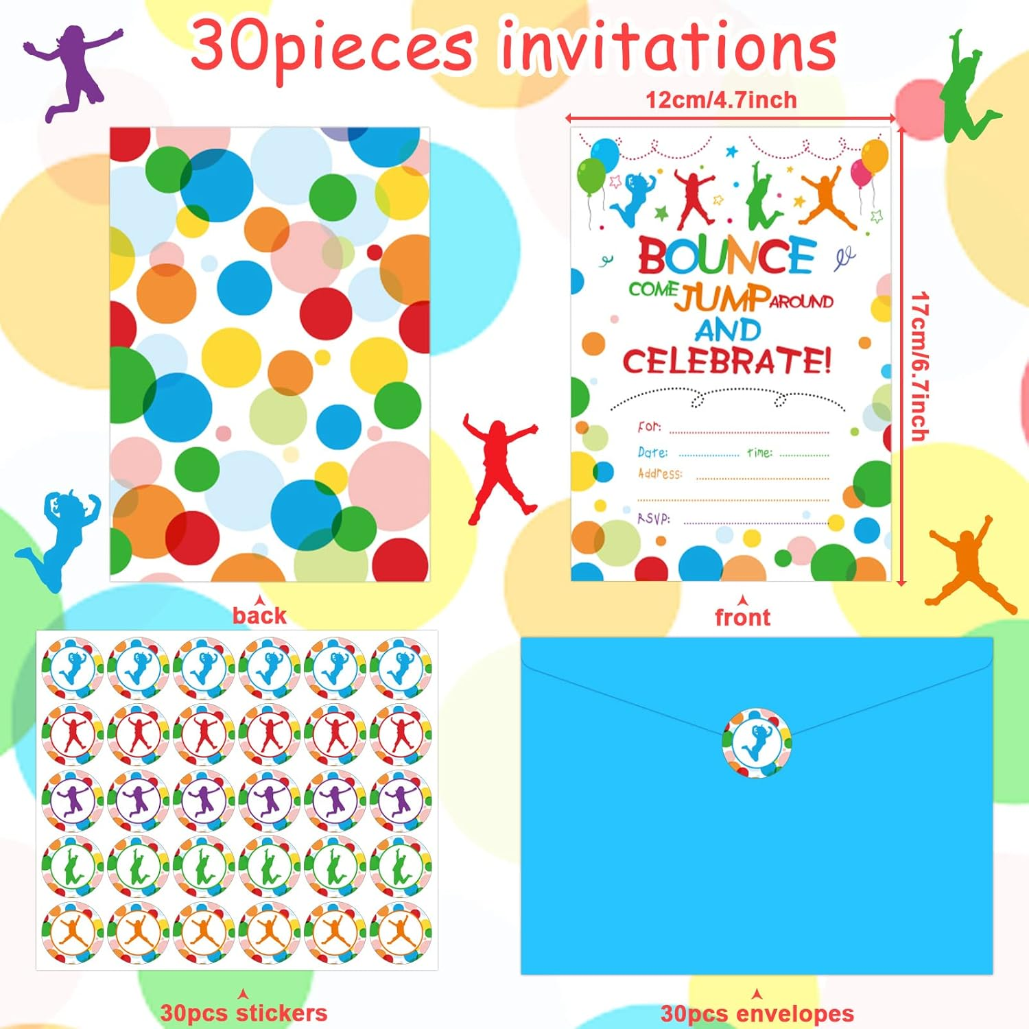 30 Pack Bounce House or Jumping Birthday Party Invitation Jump Bounce House Party Invitation Cards, 30 Trampoline Sticker Labels with 30 Envelopes Bounce House Party Decorations Supplies for Boys image number 3
