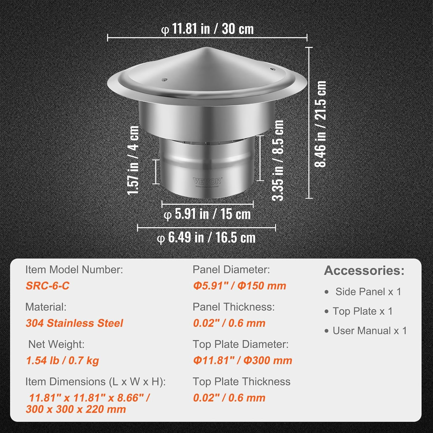 VEVOR Chimney Cap 6 Inch All Weather & Reinforced Screws & Easy Installation, for Perfect Insulation Vent Cover Outside, Silver image number 3