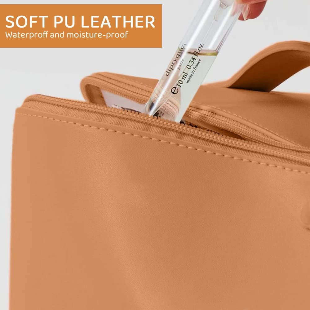 RUTREZOGO Large Capacity Travel Cosmetic Bag &ndash; Waterproof PU Leather Makeup Bag with Handle and Divider, Multifunctional Portable Storage for Skincare, Toiletries, and Cosmetics (Coffee)