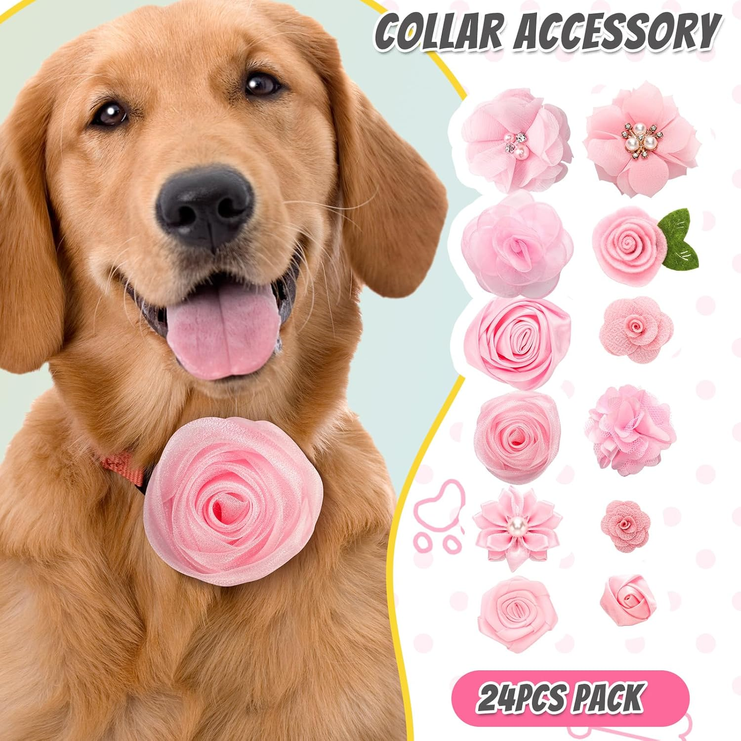 Tigeen 24 Pcs Dog Collar Flowers Accessories Bows Charms Flowers Attachment with Band Collar Grooming Accessories for Small Medium Dog Puppy Cats