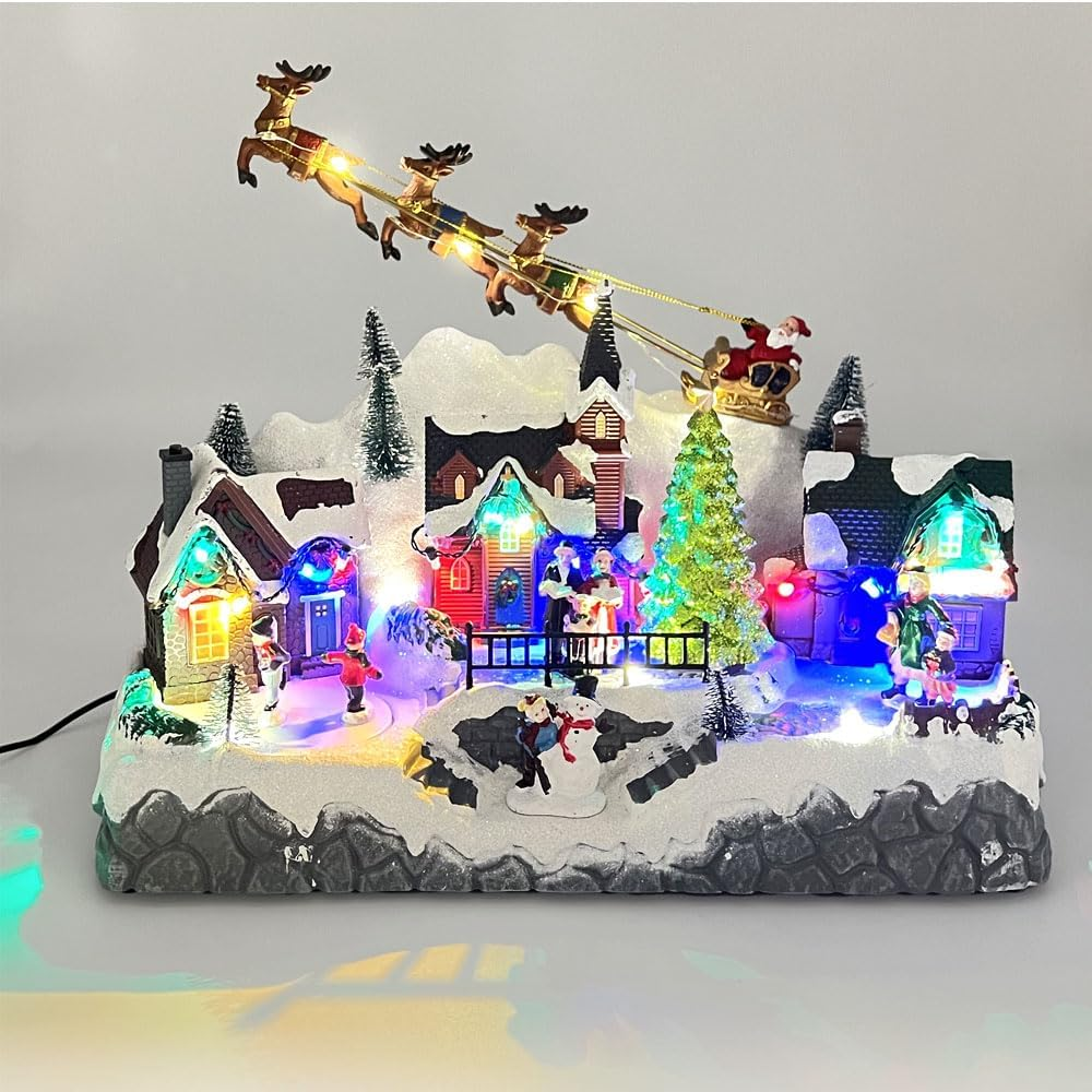 Animated Musical Christmas Village Scene, Lighted, Snowy Hillside with Santa, Reindeer, Houses, Rotating Skaters image number 1