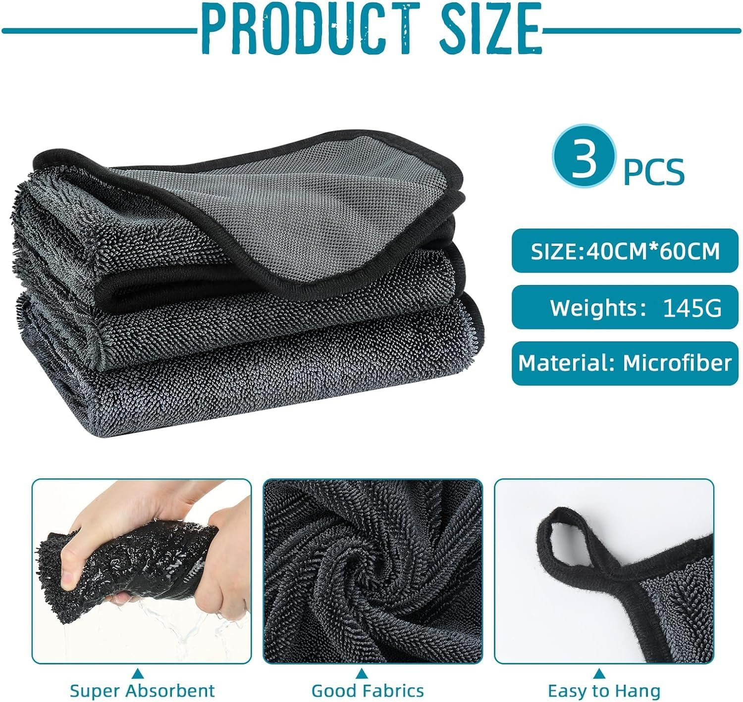 Microfiber Drying Towels for Cars Wash Lint-Free Streak-Free Cleaning Cloth Super Absorbent Ultra Soft Auto Detailing Supplies, 60 X 40 CM, 3 Pack image number 4