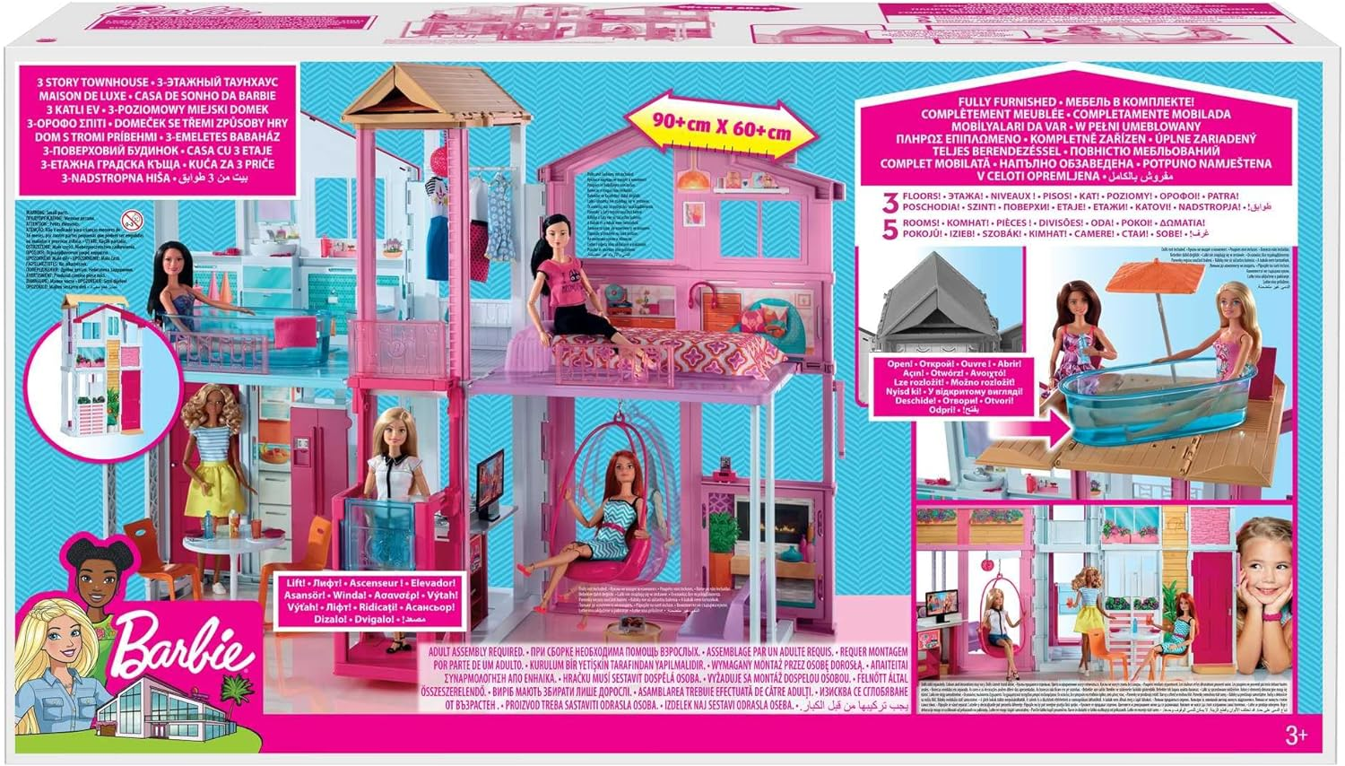 Barbie Doll House Playset, 3-Story Townhouse with 4 Rooms & Rooftop Lounge, Furniture & Accessories Including Swinging Chair (Amazon Exclusive) image number 2