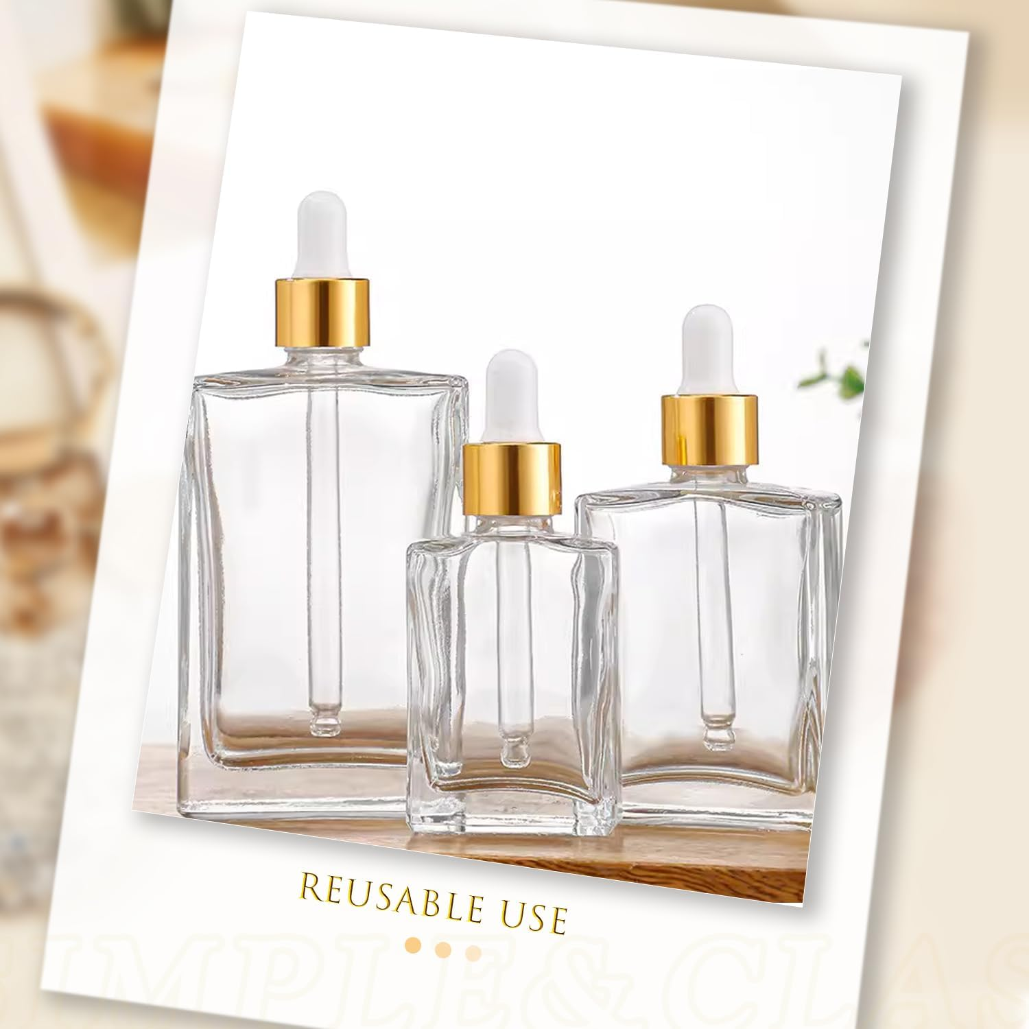 VASANA 2Pcs 50Ml/1.7Oz Empty Clear Square Glass Dropper Bottles with Gold Eye Dropper Refillable Essential Oils Bottles Perfumes Sample Vials Travel Cosmetic Container image number 3