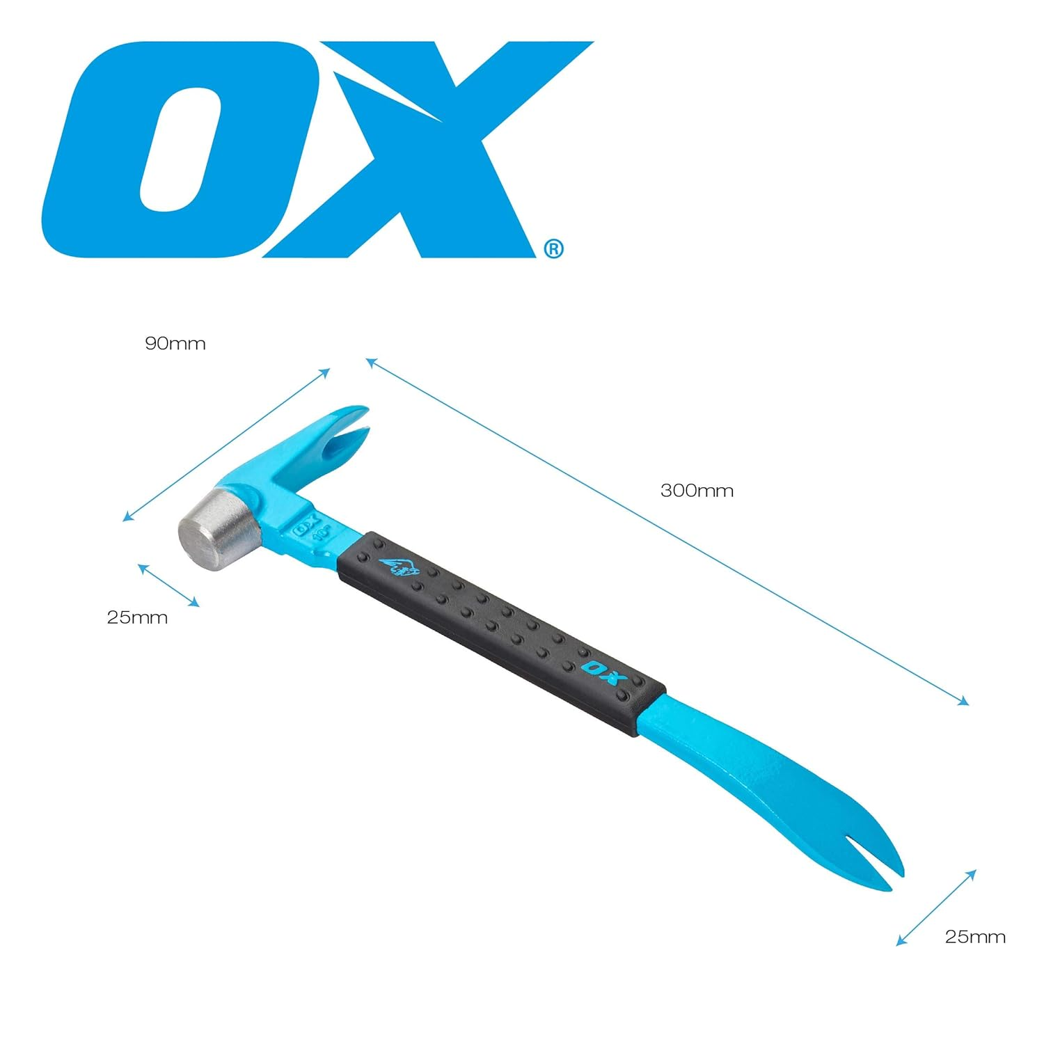 OX Tools Unique Hammer Head 12" Pry Bar - Multi-Functional Tool with Cats Paw, Crowbar | Rubber Grip, Polished Beveled Claws - Forged Steel Design for Strength and Durability image number 3