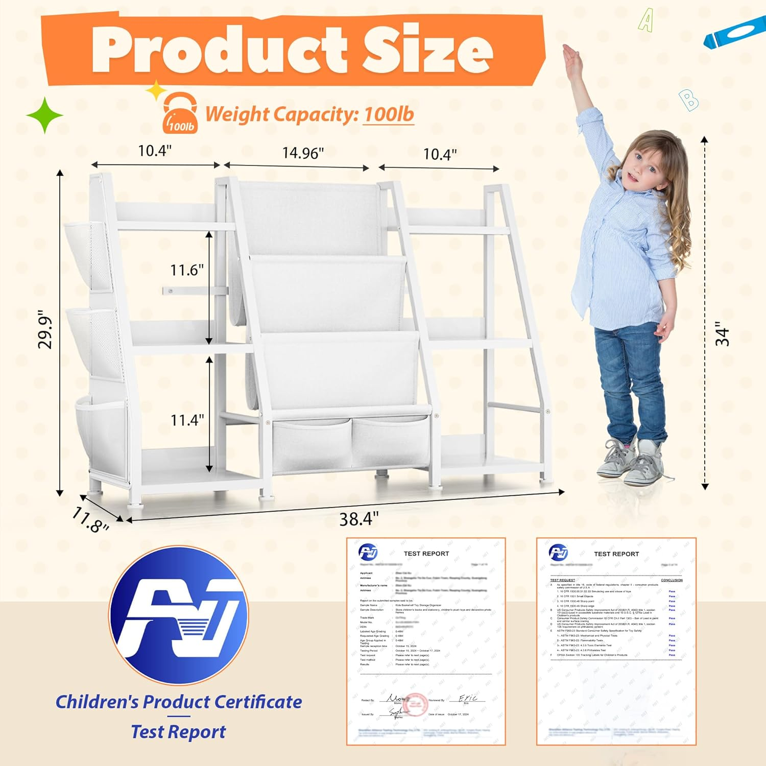 Gotiling Kids Bookshelf Large Storage Bookcase: 3-Tier Book Sling Shelf Toy Organizer for Toddler - Display Rack with 3 Pockets for Kids Rooms, Bedroom, Playroom, Nursery (White, Wood + Metal) image number 5