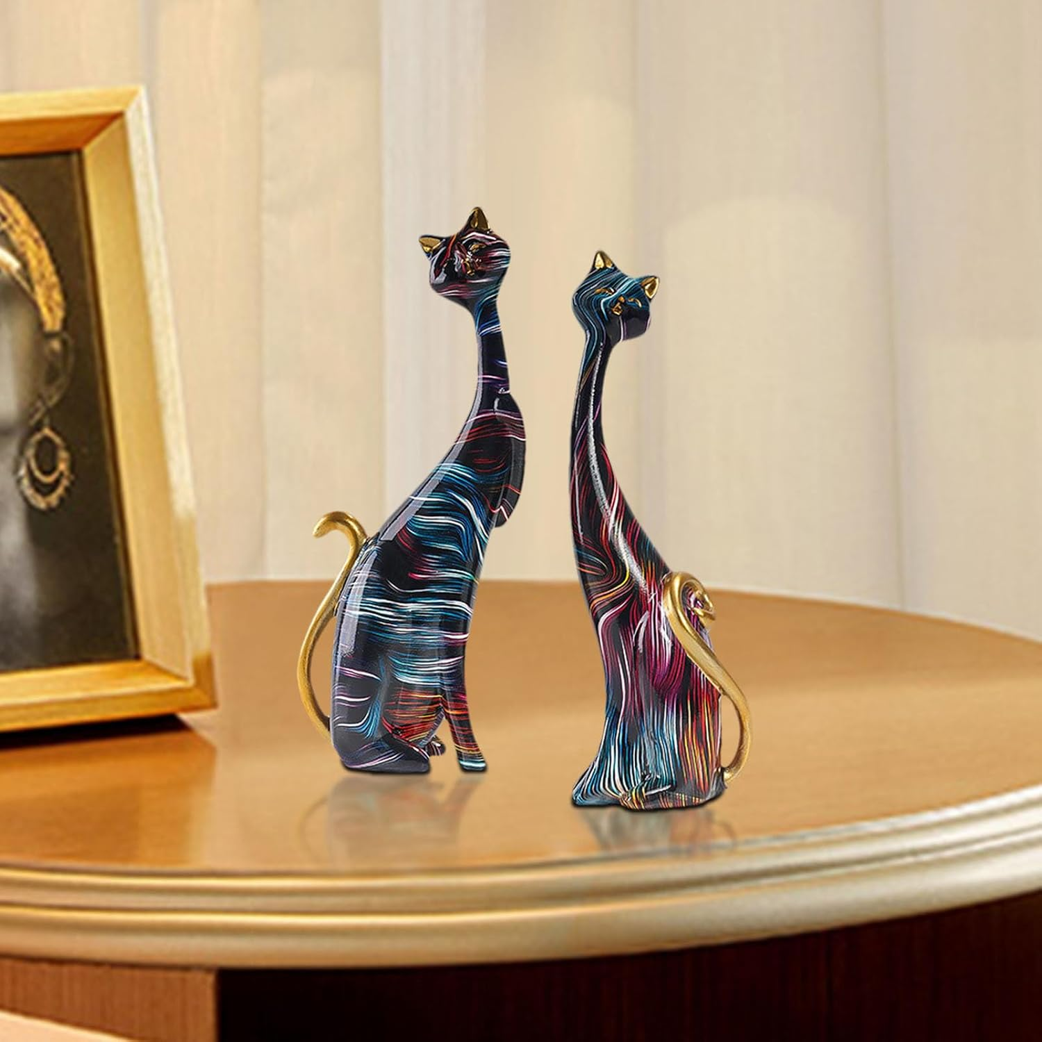 Cat Statues Home Decor | Abstract Resin Cat Figurines | Colorful Cat Statue, Oil Painting Cat Couple Sculptures Set, Modern Resin Figurines for Home Decor Living Room Bathroom Buniq image number 1