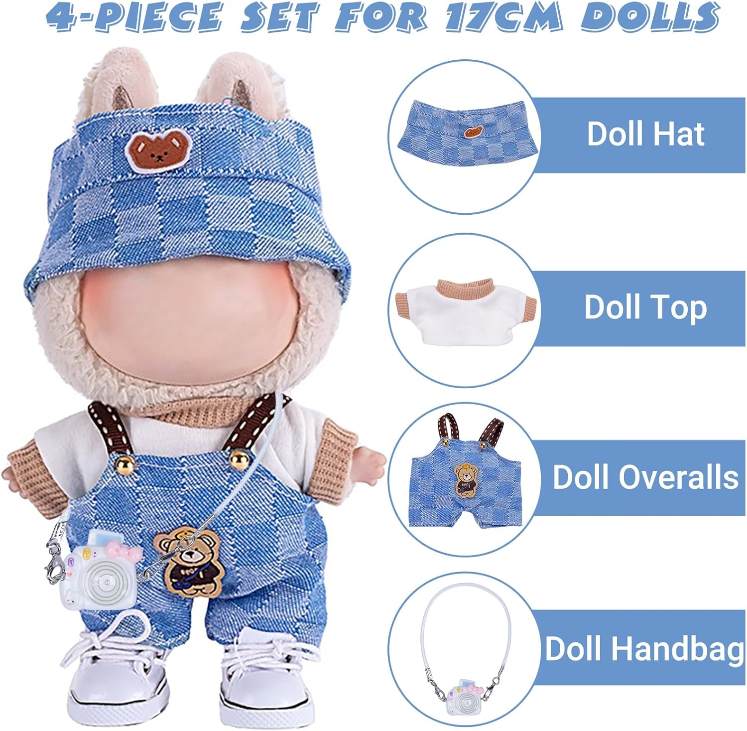 Ariker 4Pcs Handcrafted Doll Clothes Set for 17Cm Dolls (Blue Overalls Set) AK053BL image number 6