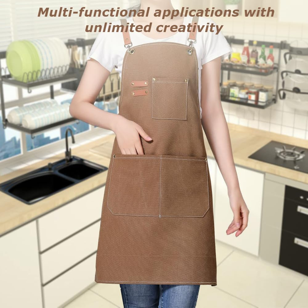 Kitchen Thicken Canvas Apron with Adjustable Straps and Large Pockets, Cooking Baking Bib Apron, Apron Suitable for Painting Pottery Ceramics (Coffee, 72 CM) image number 2