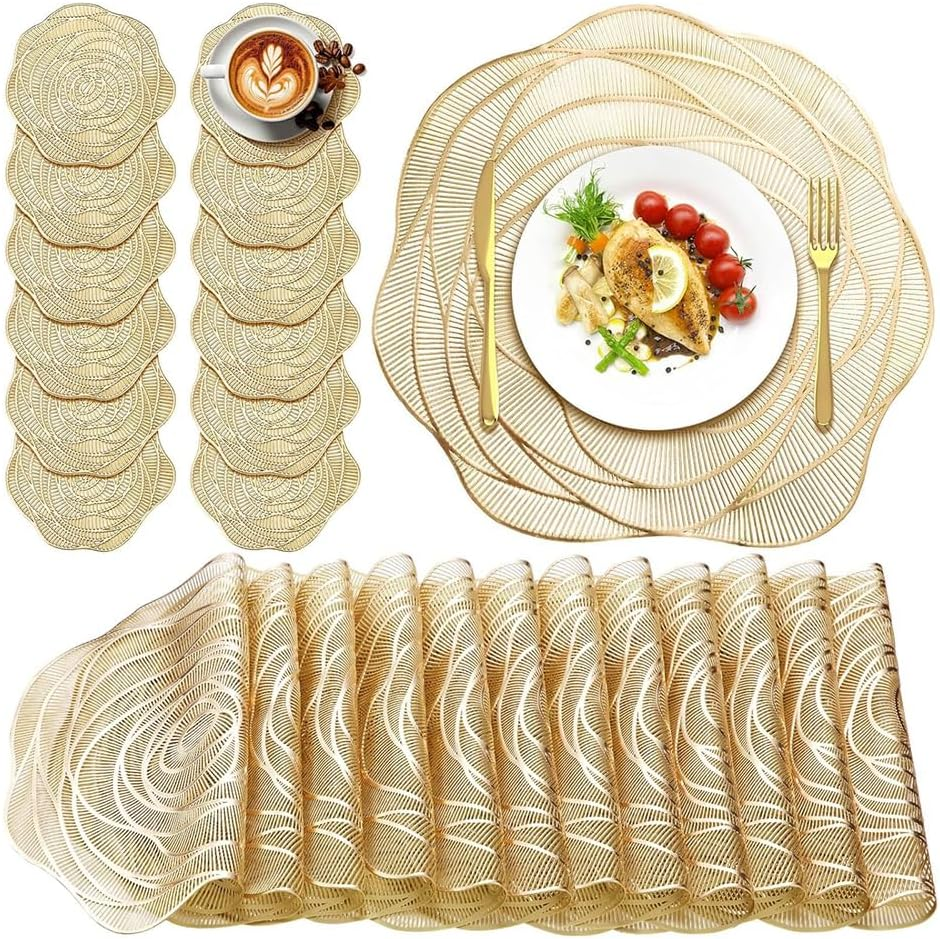 12-Piece Set of Rose Placemats, Hollow Dining Table and Cup Non-Slip Mats for Kitchen, Living Room, Dining Room, Bar Counter, Wedding Party Decoration (Gold) image number 2