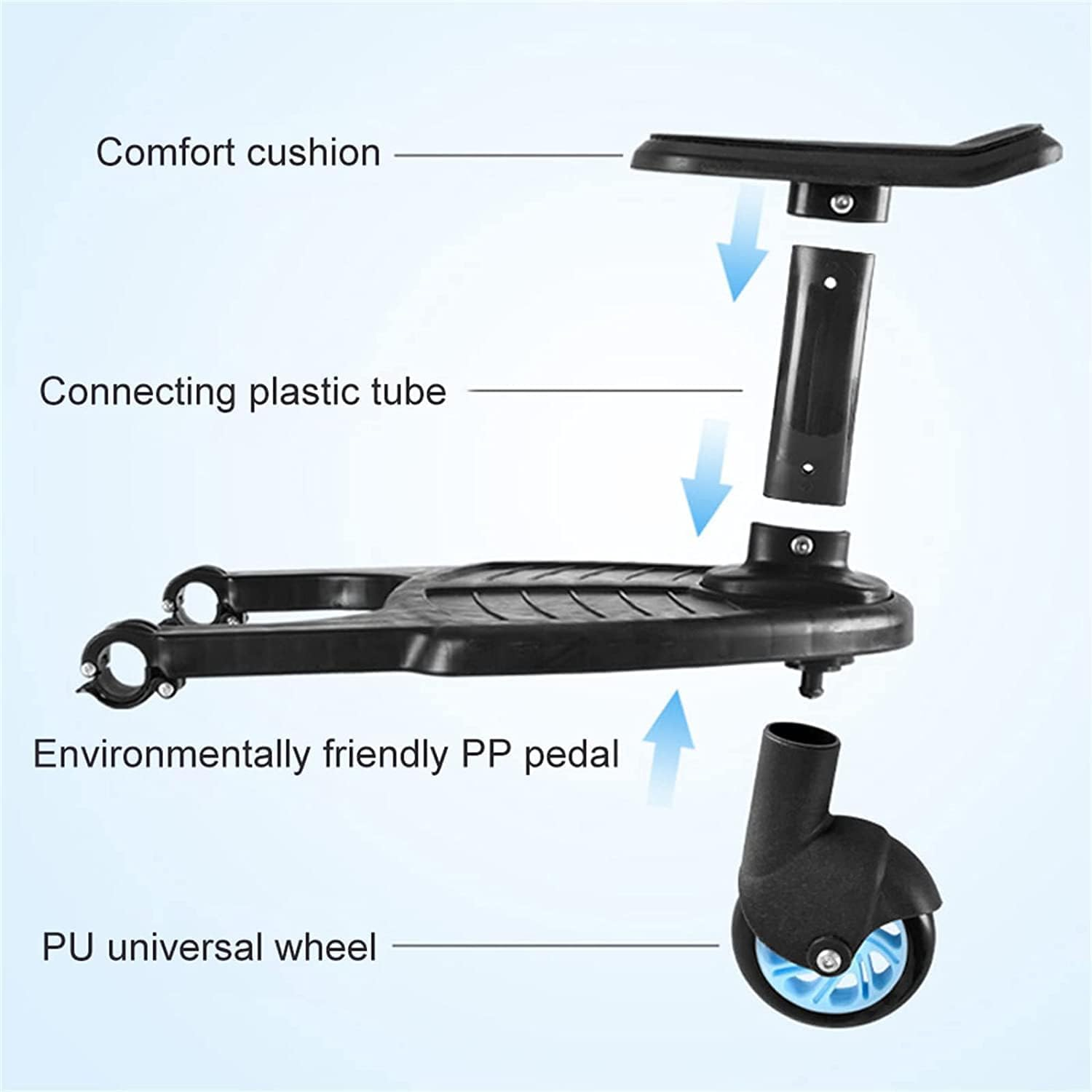 Sunblue Universal Toddler Stroller Board with Seat - Pram & Buggy Connector for Pushchair, Jogger, Travel Pram Accessories - Easy Stand & Ride, Fits Horizontal Axis <2.5Cm (Black) image number 5