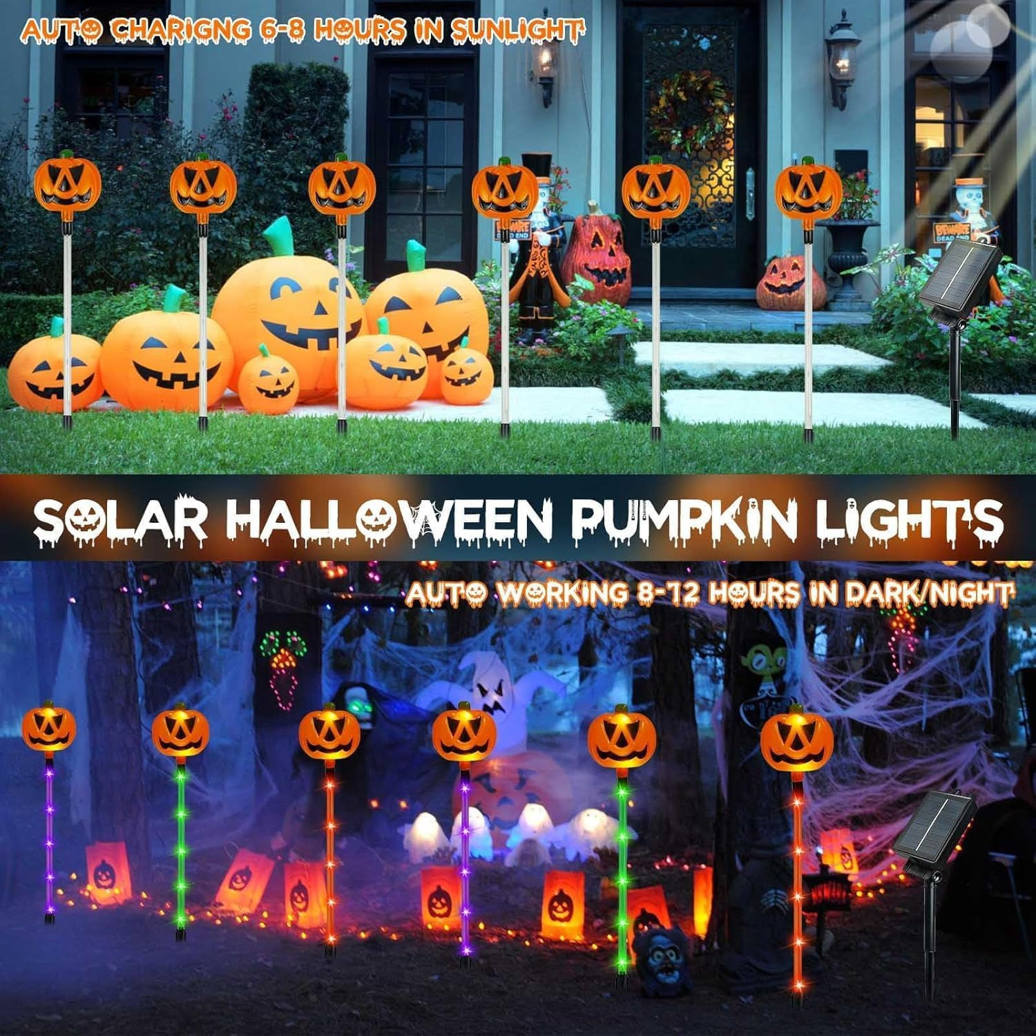 12-Pack Solar Halloween Pumpkin Pathway Lights, Halloween Lights Waterproof with 8 Modes, Outdoor Waterproof Solar Pathway Light for Party Porch Yard Decor image number 4