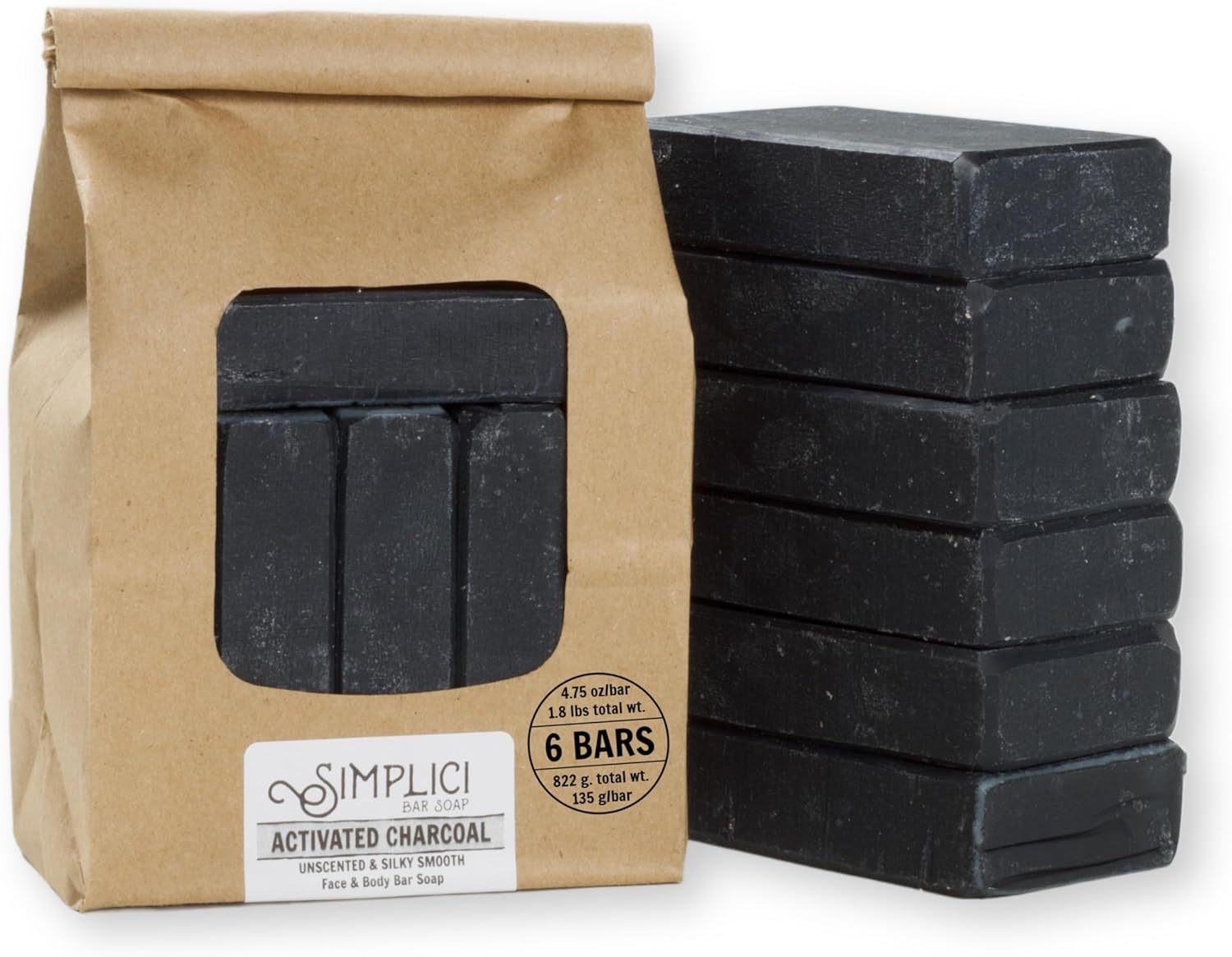 Simplici Activated Charcoal Unscented Bar Soap. Bulk 6 Pack. Palm Oil Free. with 15% Coconut Oil. image number 5