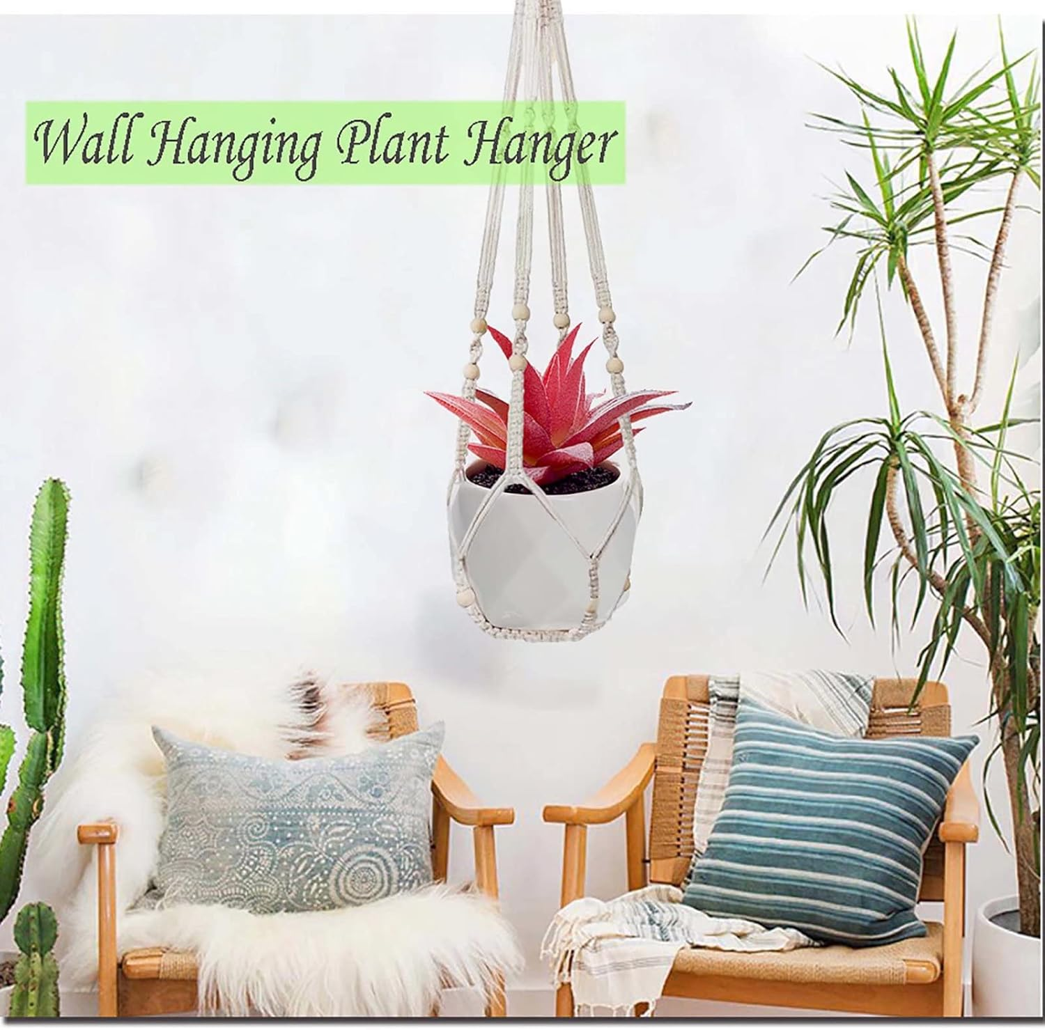 Macrame Plant Hanger Indoor & Outdoor Wall Hanging Planter + 2 Hooks Hanging Planters Basket Cotton Rope 4 Legs 35 Inch Used for Herbs Ferns Ivy Crawling Plants Hanging Planters(Lvory) image number 1