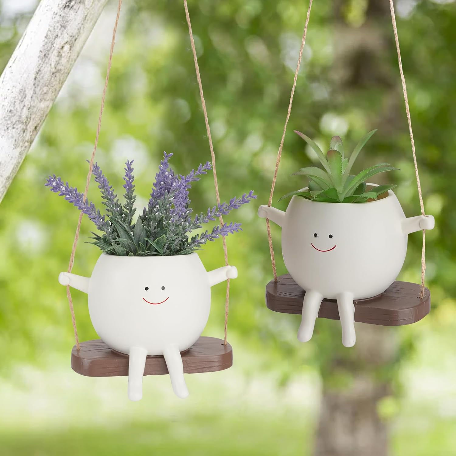 WRENYZK 2 Pcs Hanging Flower Pots, Resin Succulent Planter, Cute Swinging Planters, Funny Plant Holder with Hooks and Transplanting Tools, Suitable for Indoor and Outdoor Decoration image number 4
