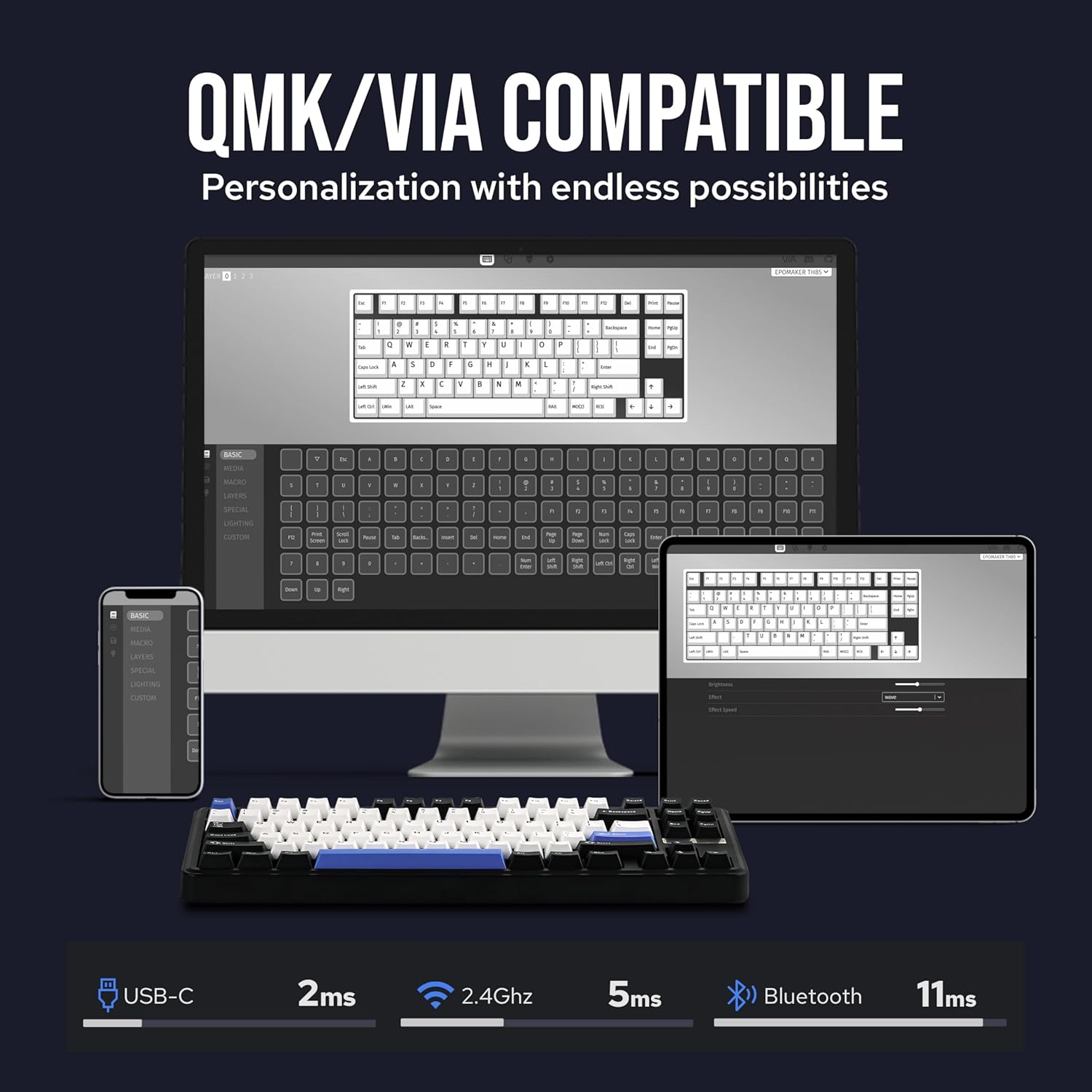 EPOMAKER TH85 QMK/VIA Wireless Mechanical Keyboard, Usb/2.4Ghz/Bluetooth Gaming Keyboard, Hot Swappable Custom Keyboard, Gasket Creamy Keyboard for Pc/Mac/Office/Gaming (Black&White&Blue) - Black image number 3