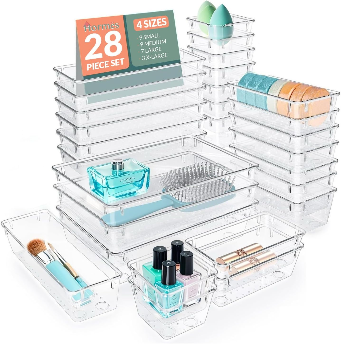 Hormes 28Pcs Drawer Organisers Set, 4 Sizes Clear Plastic Drawer Organizer & Vanity Organiser for Makeup & Jewelry Storage, Kitchen Utensils & Gadgets, Desk Supplies, Bathroom & Bedroom Organisation image number 1