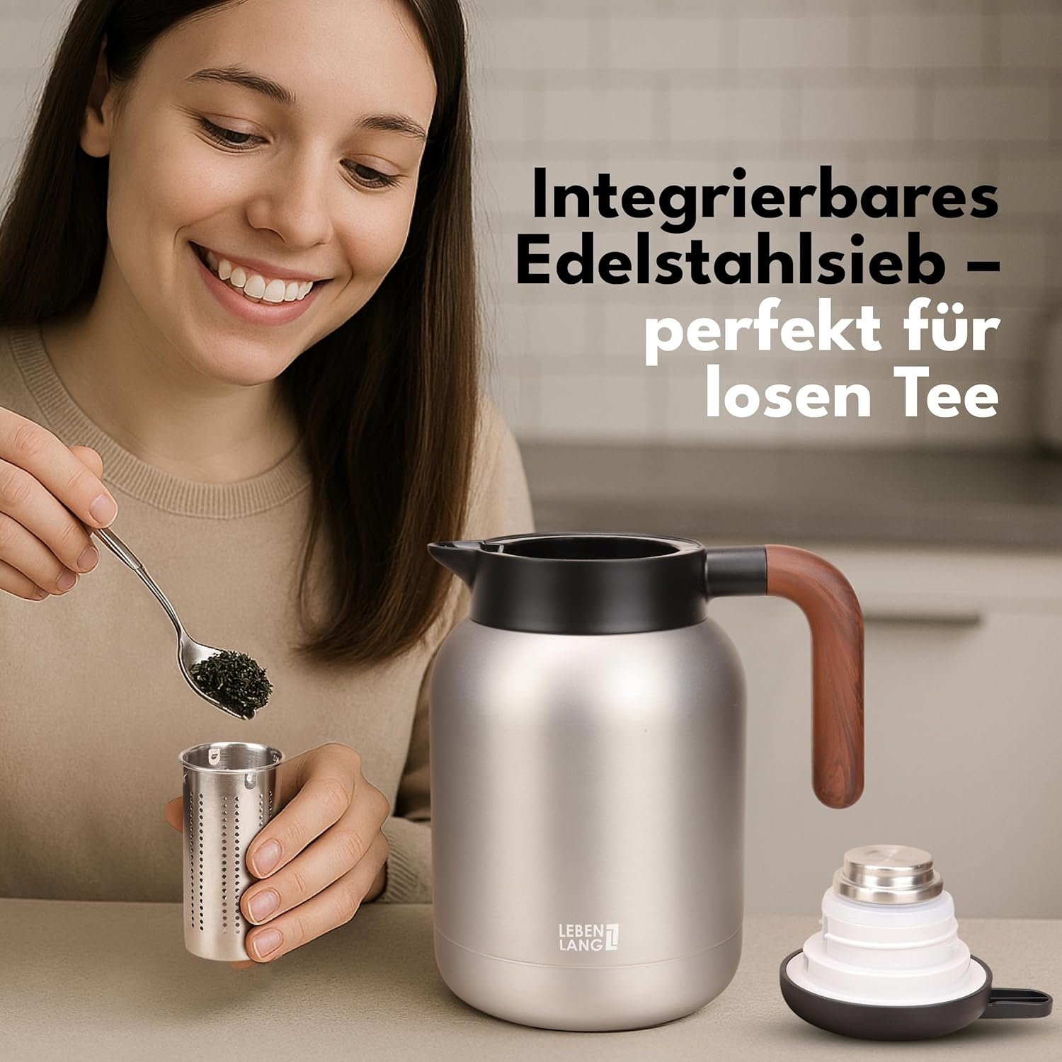 LEBENLANG Thermos Flask 1.5 L Ceramic Coating - Includes Tea Strainer I 24 Hours Hot I Coffee Pot Coffee & Teapot with Strainer Insert I Thermal Flask Tea Thermal Jug Thermos Flasks 1 5 Litres image number 3