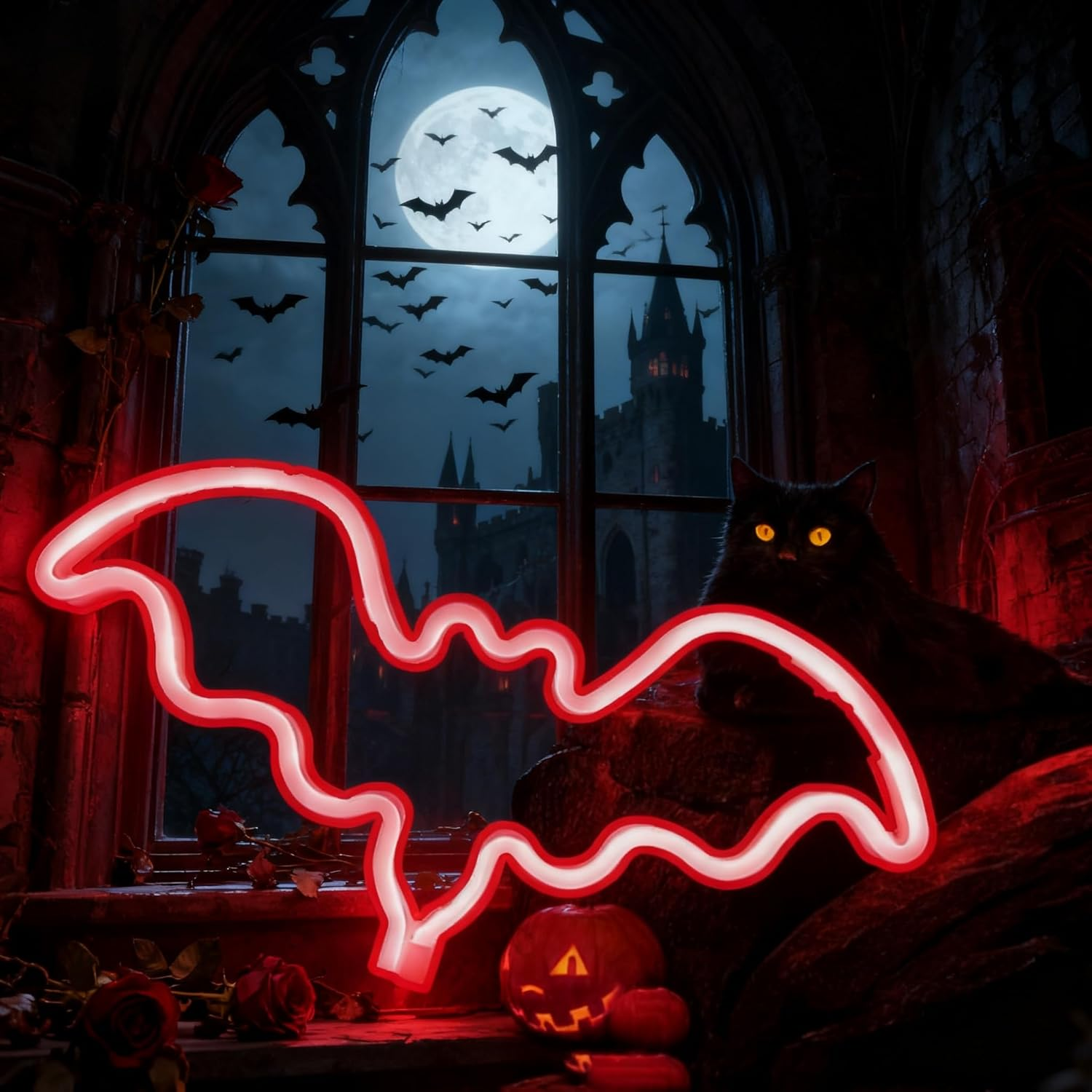 Xusdamyj 2 Pieces Flying Bat Halloween Neon Sign Bat Light Halloween Party Decoration Bedroom Light Home Wall Decor image number 4