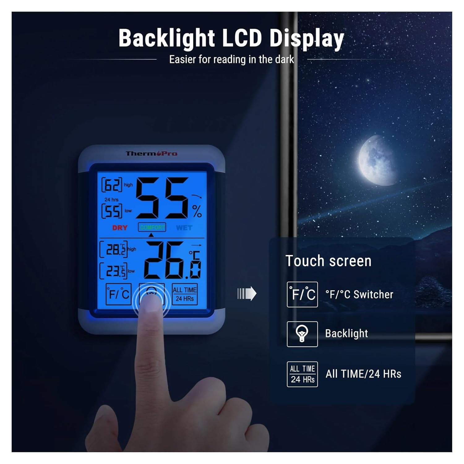 Indoor Digital Thermometer Hygrometer Touchscreen Backlight Humidity Temperature Sensor Weather Station for Home