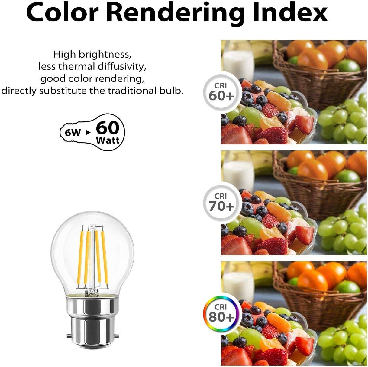 LVWIT B22 Golfball LED Bayonet Filament Bulb, 5.5W Mini B22 Led Golf Bulbs 60W Equivalent,806Lm,2700K Warm White Small Globe Bayonet,220-240V,45 * 77Mm,Non-Dimmable(6 PCS) image number 2