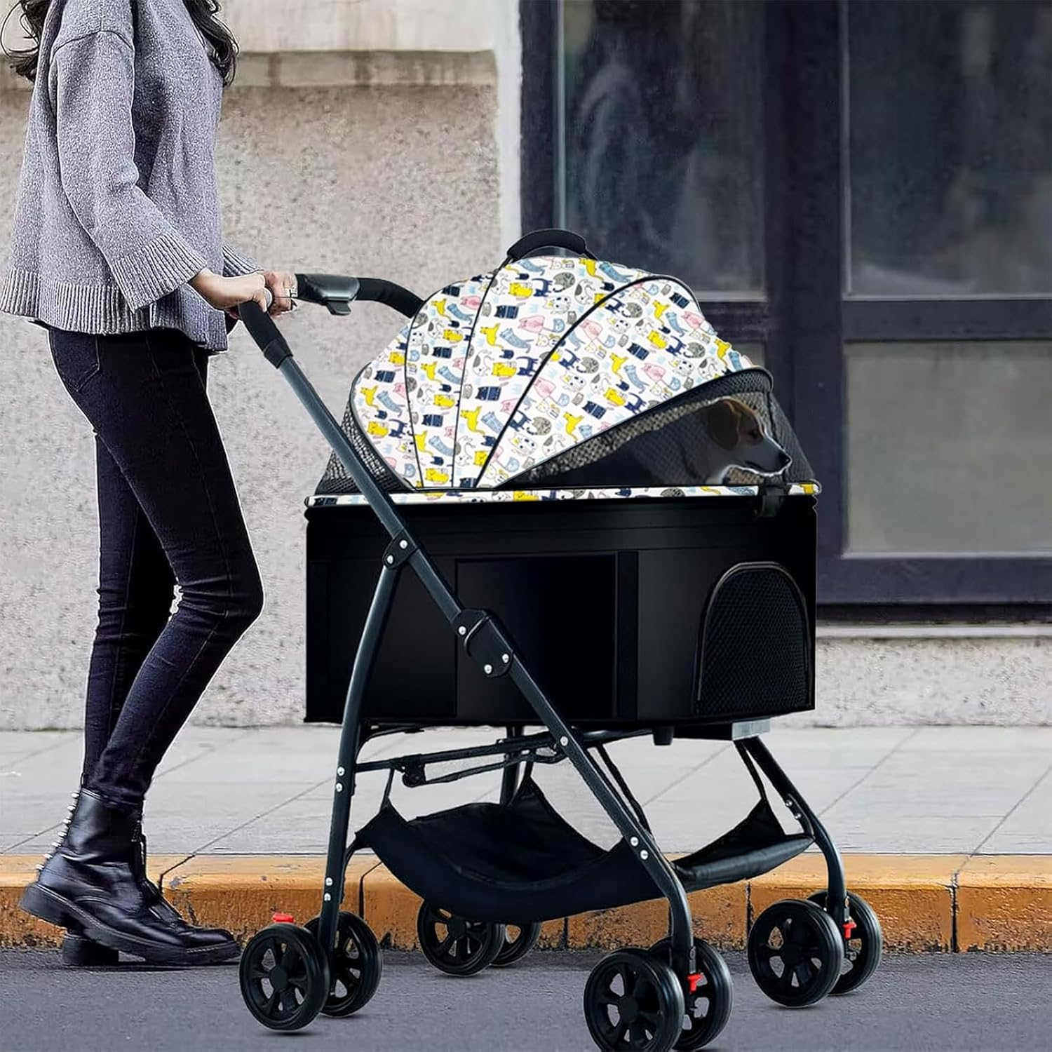 Large Pet Stroller - Dog Cat Carrier Pushchair, Foldable Pram 4 Wheels Black, Detachable Design Baby Pet Stroller, Removable and Washable Padded image number 1