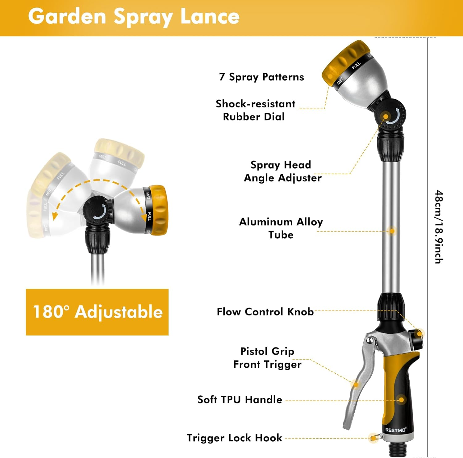 RESTMO Watering Wand Heavy Duty, Long Metal Spray Nozzle | 180&deg; Adjustable Ratcheting Head | 7 Spray Patterns Extension Hose Wand, Perfect Garden Sprayer Gun to Water Hanging Baskets, Shrubs, Yellow - Yellow image number 2