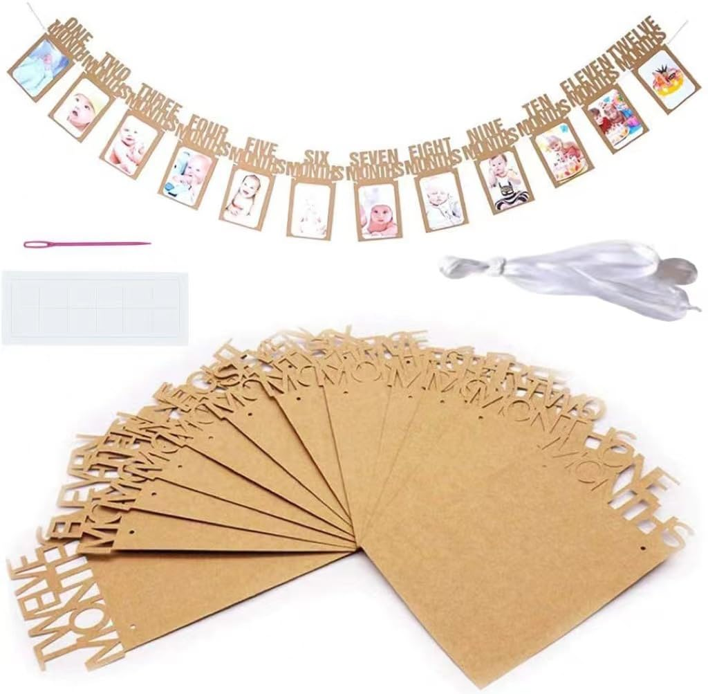 Birthday Photo Banner,1St Birthday Baby Photo Banner for Newborn to 12 Months,First Birthday Banner, Birthday Baby Photo Banner for Newborn to 12 Months for Baby First Birthday Party Decoration (Cowhide)